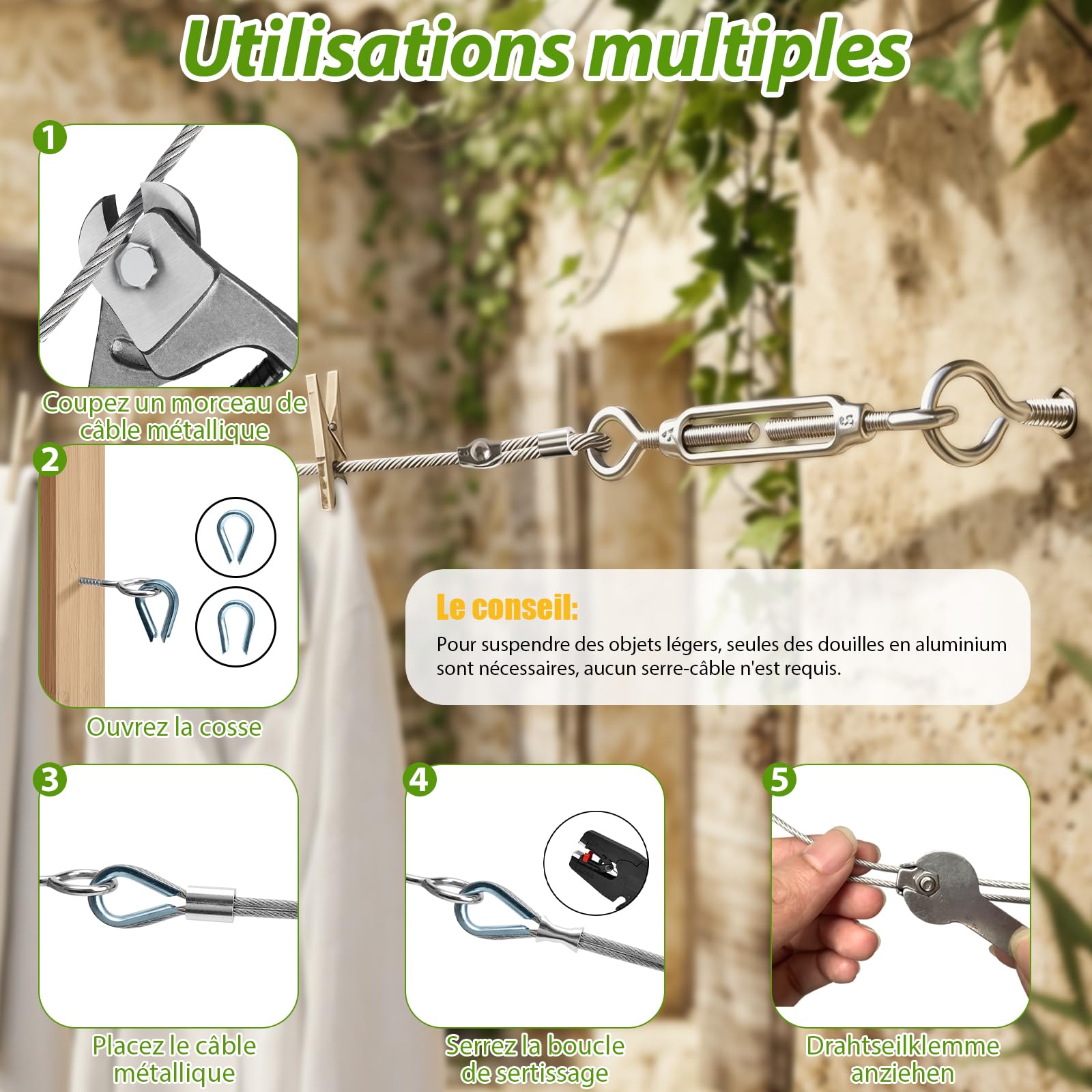 ovsor Kit Câble Acier Inoxydable 2 mm x 35 m 65 Pièces | Câble inox 304 résistant avec tendeur, idéal pour plantes grimpantes, corde à linge, tentes et suspensions de luminaires.
