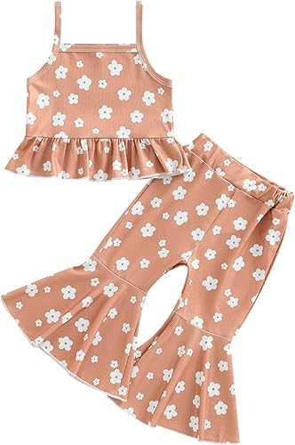 Miniatura 8 de Ropa de verano para bebé niña, sin mangas, estampado floral, correa acanalada, parte superior acampanada, pantalones de 2 piezas
