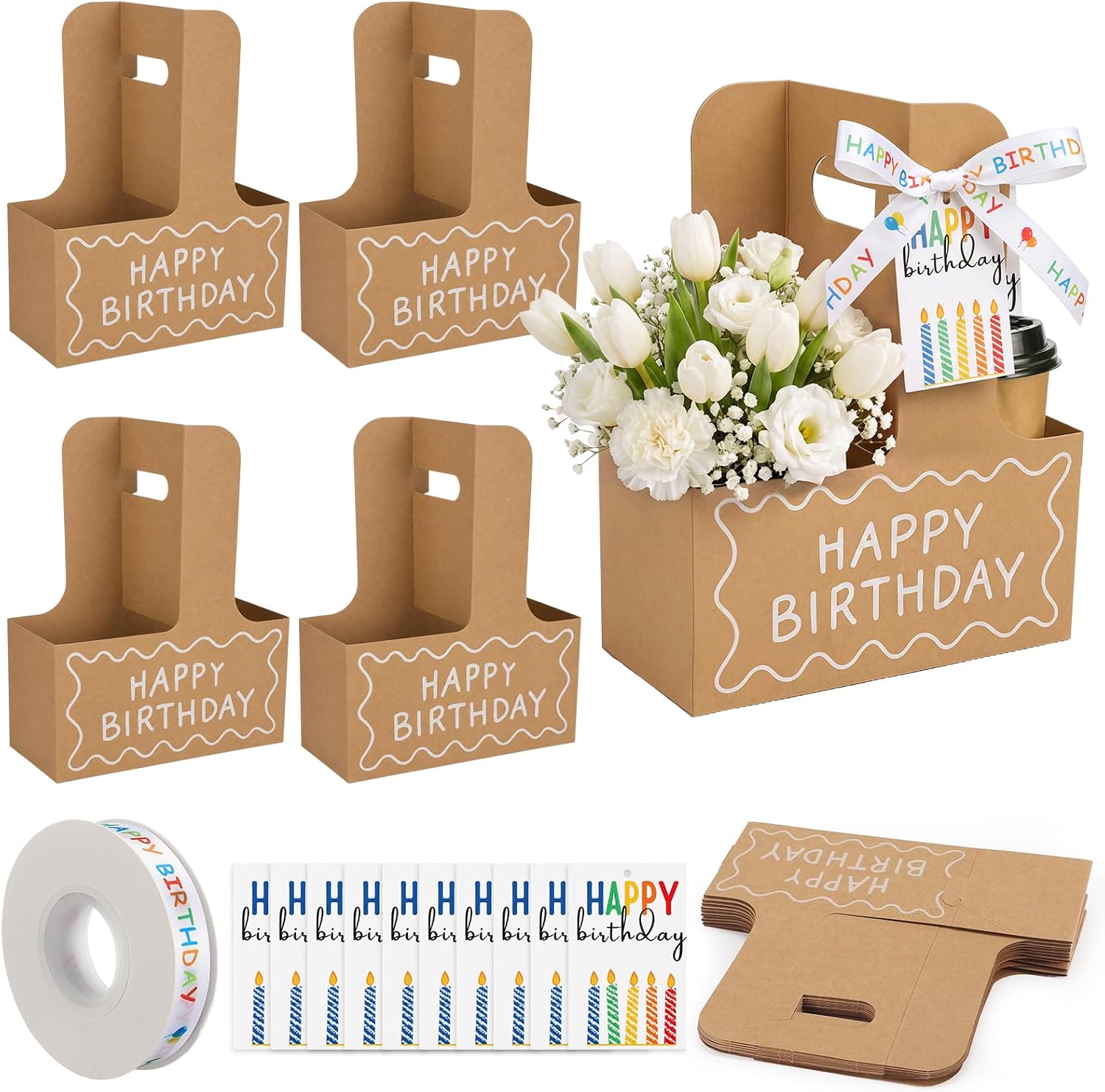 Ctosree 24 Set 2 Cup Happy Birthday Drink Carrier with Handle