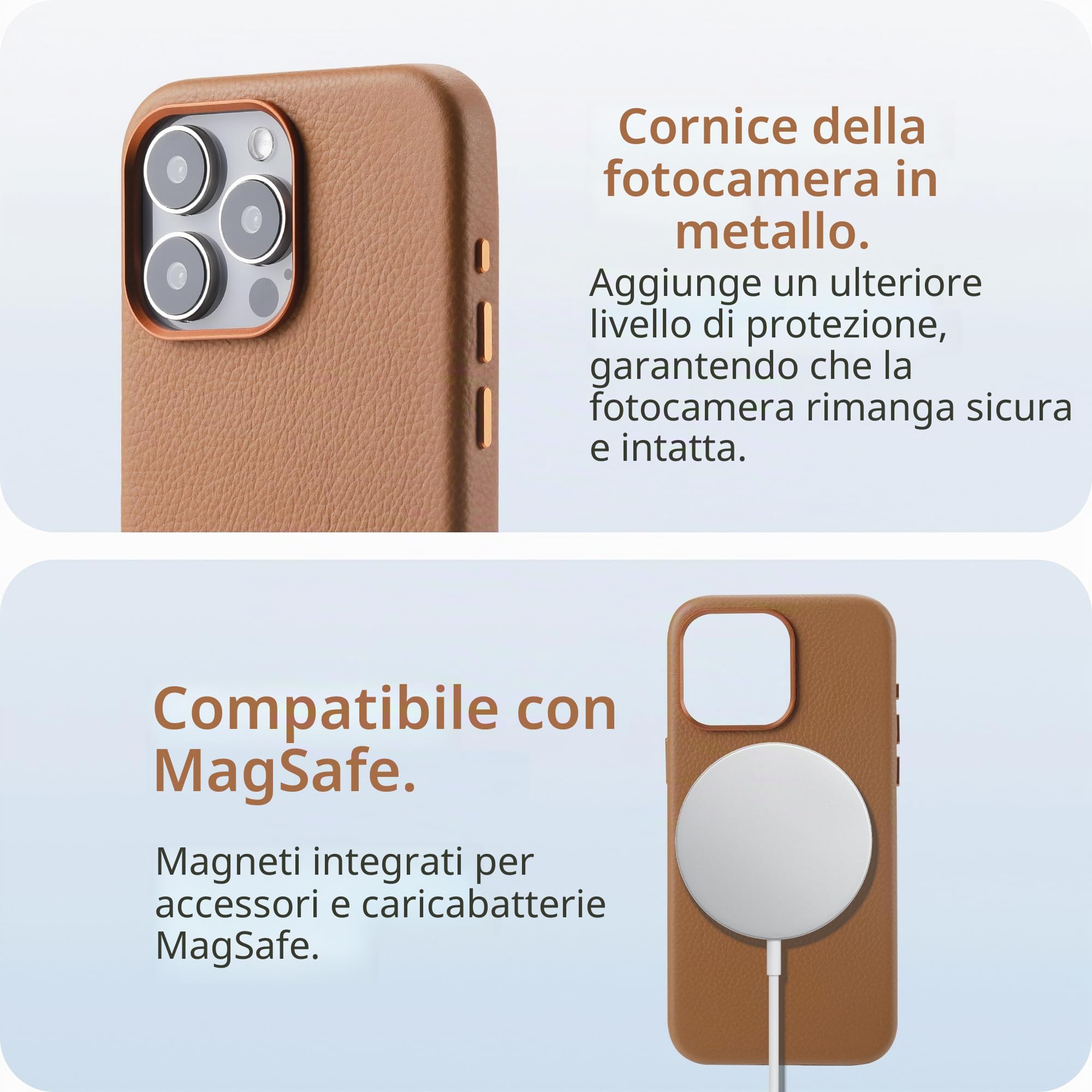 LONLI - per iPhone 15 Pro Max - Custodia europea in vera pelle Pebble con telaio in alluminio per fotocamera [compatibile con Magsafe] - Saddle