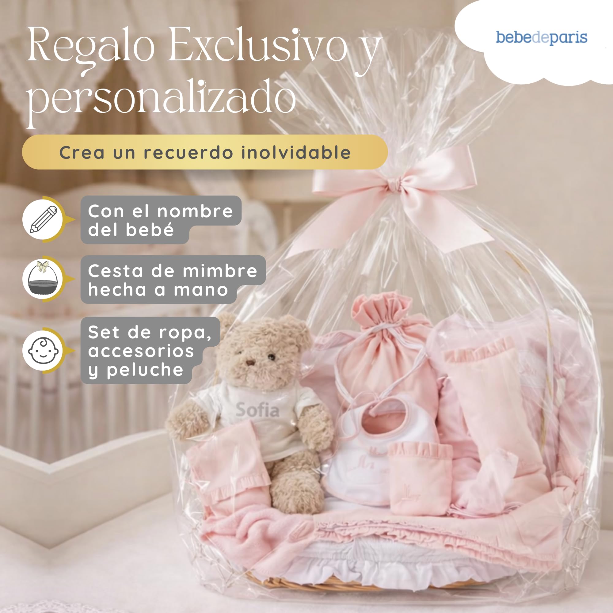 Canastilla Bebe Recien Nacido Personalizada | Cesta Regalos para Bebes Recien Nacidos Premium Clásica Plena | Cesta de Mimbre | 3 a 6 Meses (Rosa) | BebeDeParis