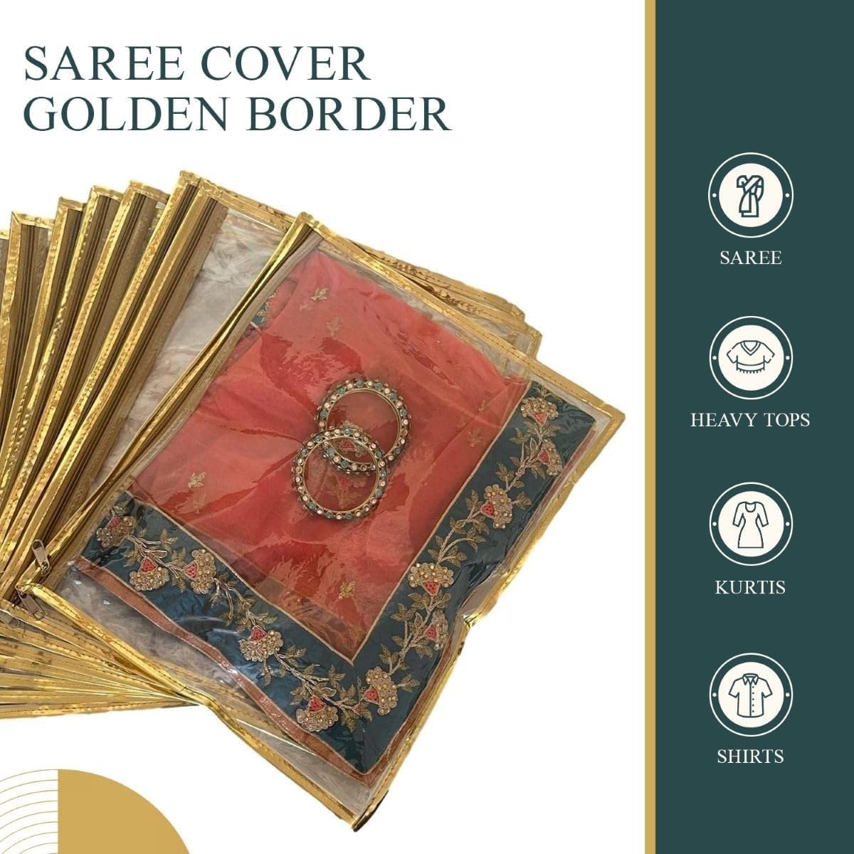 Indian Woven Single Saree CoverTransparent Saree Covers With Zip, Saree Covers For Storage, Wardrobe Organiser, Golden Colour, Pack of 1(10pcs) Size-36x42x2CM