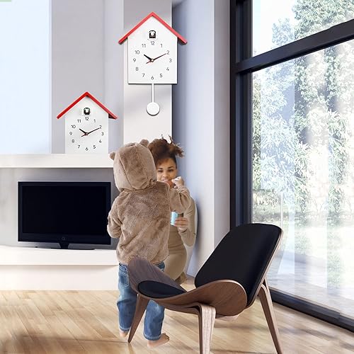 Miniatura 2 de Reloj de cuco de cuco, reloj de pared pequeño y moderno con canciones naturales de pájaros o llamada de cuco, reloj Coo Coo con péndulo para arte de