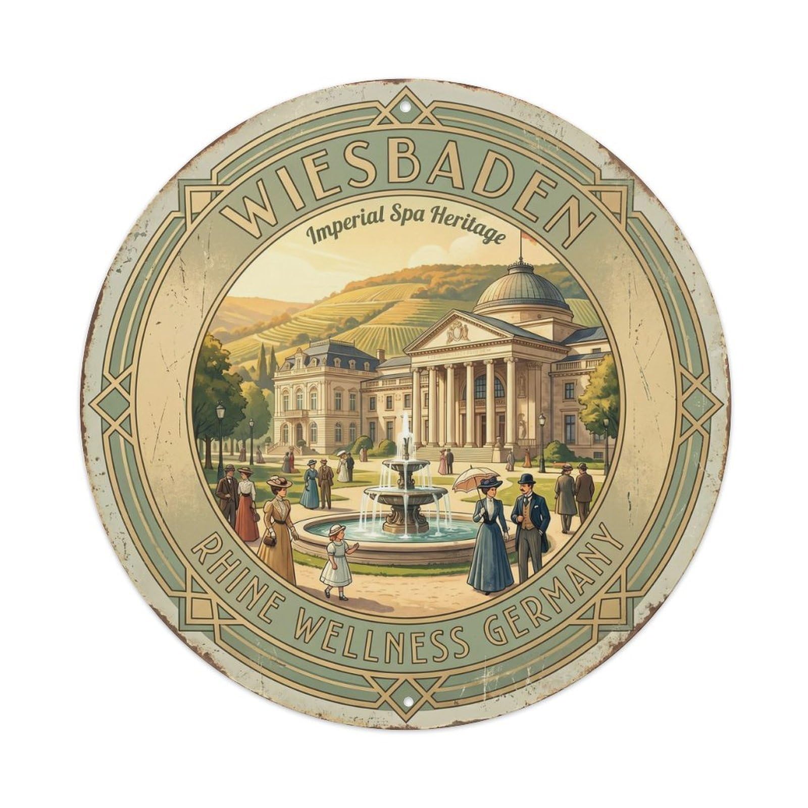 Vintage Travel Wiesbaden Spa Germany Metal Tin Sign Plaque Wall Decor for Cafe, Club Bar, Office, Home Garden Round Metal Poster 8x8Inch