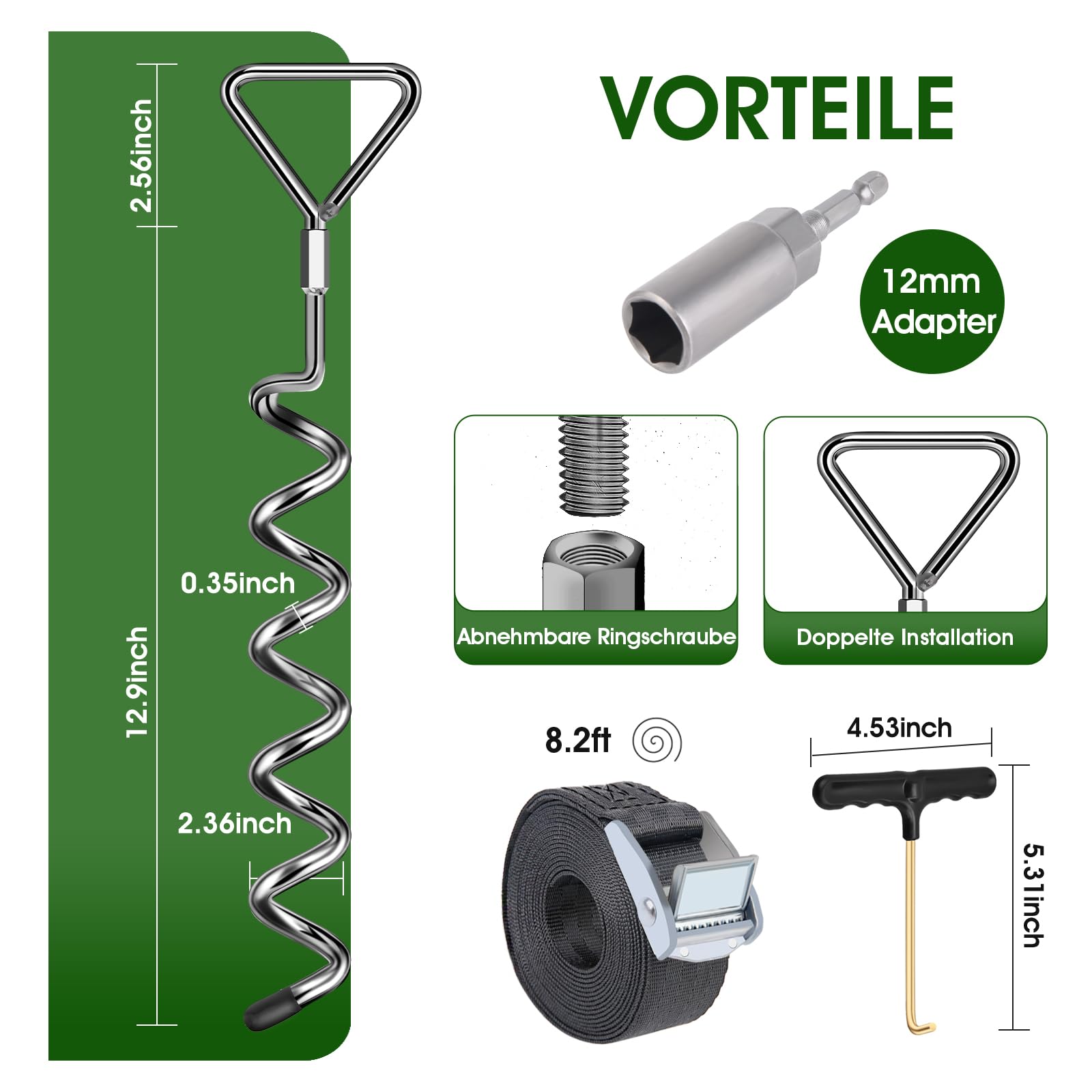 Bodenankern 4 Pack mit Spanngurten (2,5 m lang), Bodenanker mit Bohrmaschine in den Boden Schrauben, hält starken Winden Stand, ideal für Outdoor-Trampoline