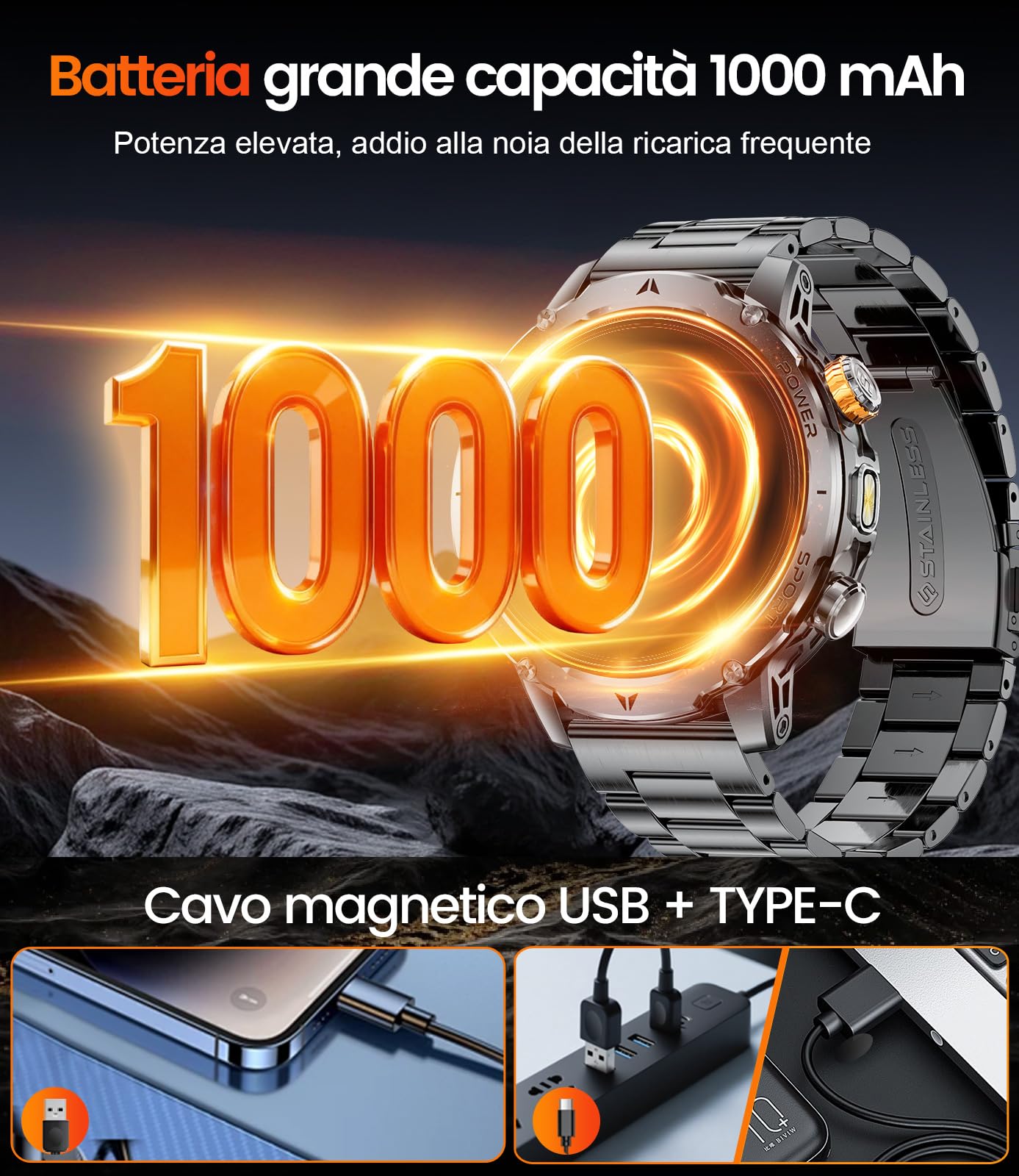 EF24 Smartwatch Uomo Militare con Torcia LED, Batteria 1000mAh, 1,85” HD Fitness Tracker, 100 Modalità Sportive, IP68 Impermeabile, 3 Cinturini, Compatibile Android e iOS, Nero