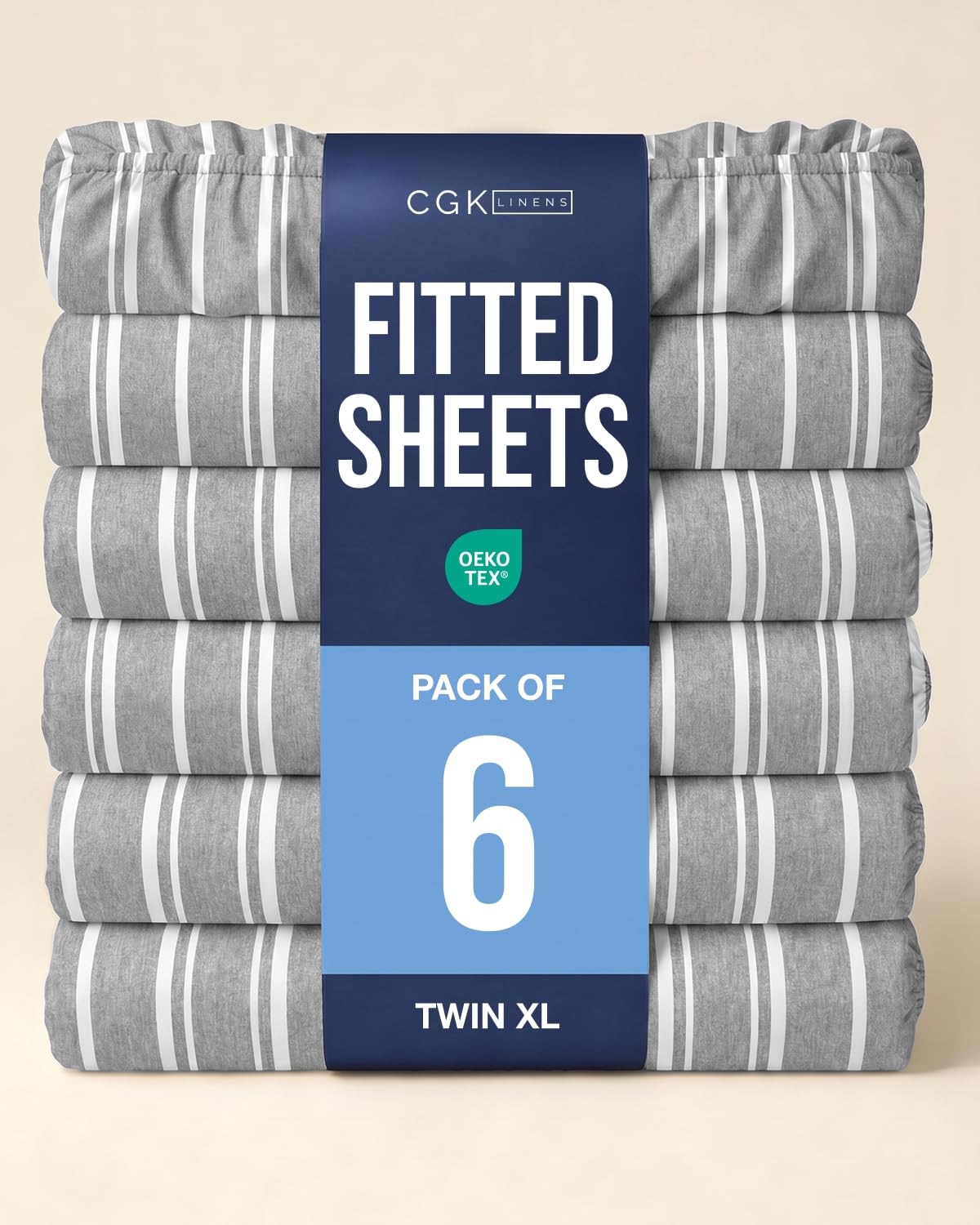 Twin XL Fitted Sheet - Pack of 6 College Dorm Essentials - Grey Stripes