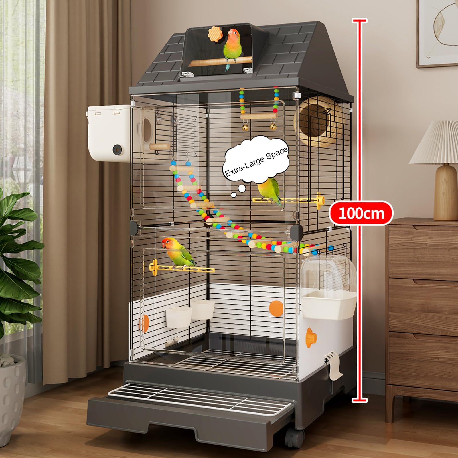 Jaula para Pájaros Moderna con Vista Panorámica 98cm, Aviario Interior con Bandeja Extraíble para Periquitos, Cacatúas, Canarios, Agapornis y Aves Pequeñas Black
