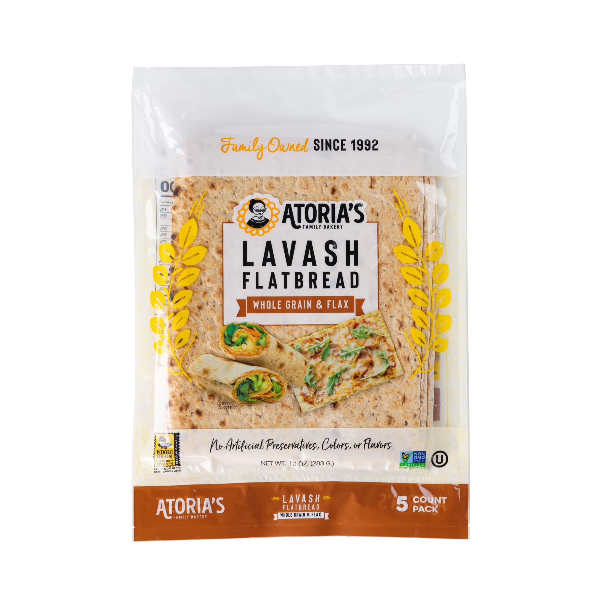 Atoria's Family BakeryWhole Grain & Flax Lavash Flatbread 10 Pack | 50 Individual Lavash Wraps | Fresh Baked, All Natural, GMO Free, and No Artificial Preservatives or Flavors