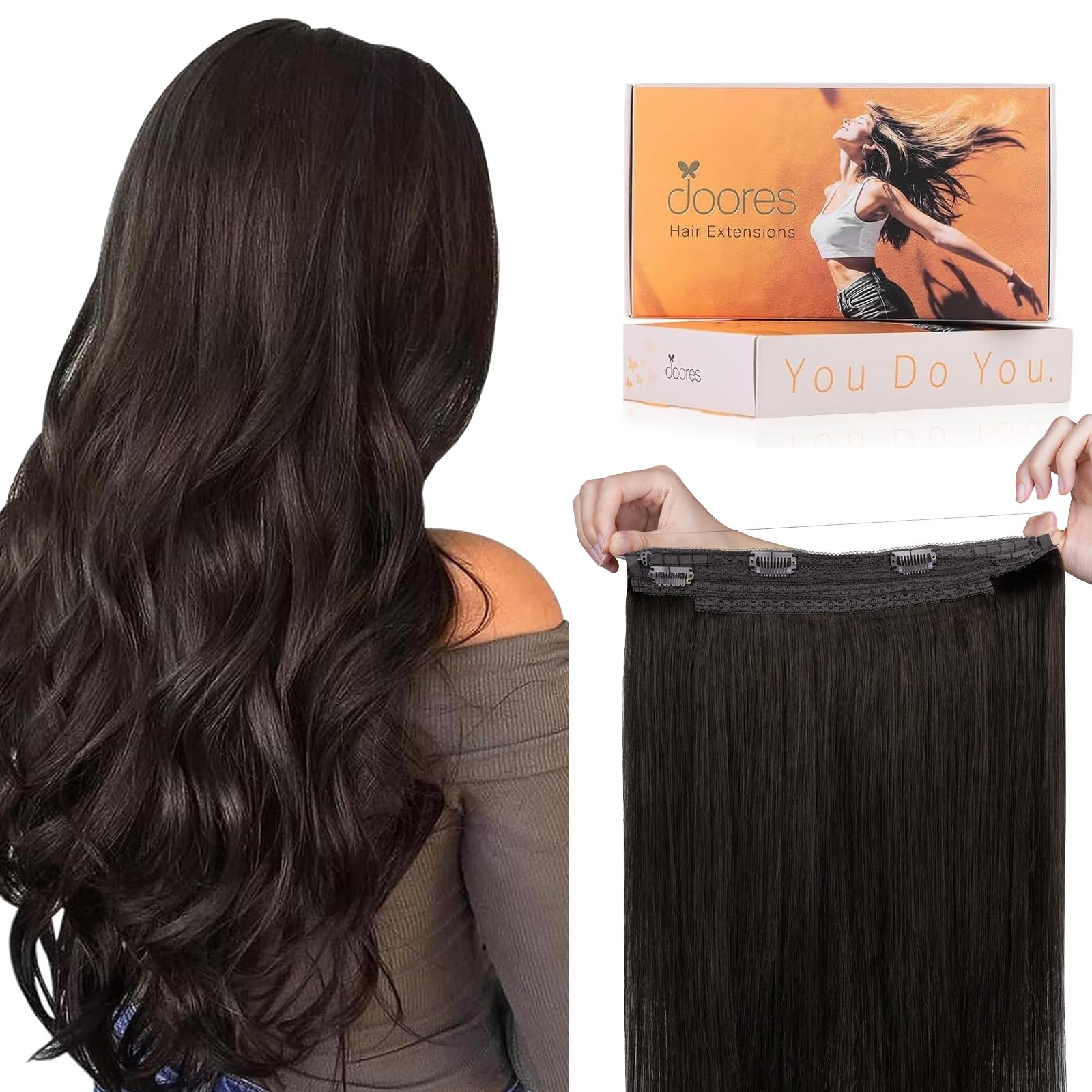 DOORES Wire Hair Extensions 18 Inch 95g Remy Human Wire Hair Extensions Invisible Transparent Line Adjustable Hairpieces Secret Extensions Straight Hair Dark Brown