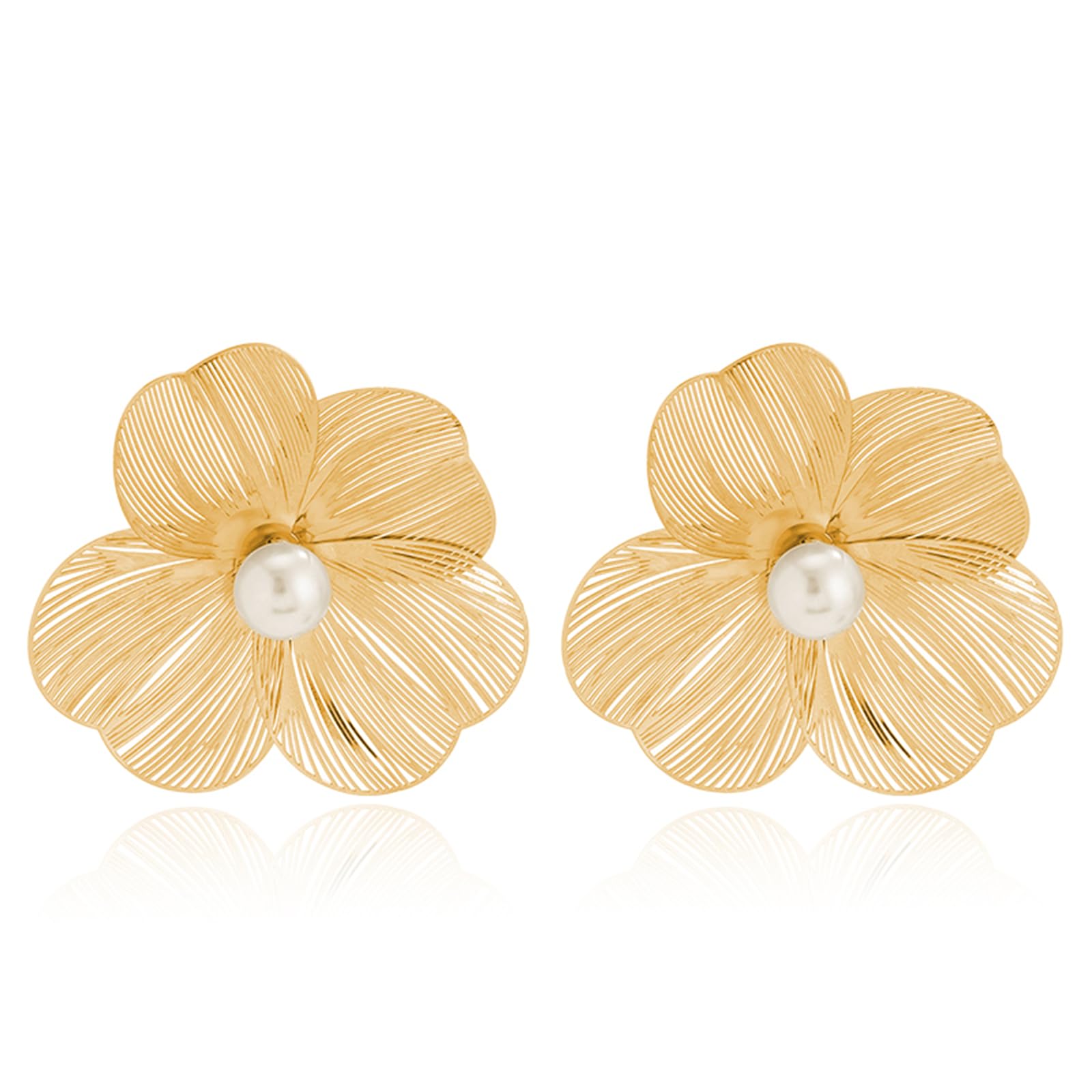QLYOVWE Metal Flower Leaf Earrings for Women Boho 14K Gold Plated Statement Earrings Elegant Butterfly Flower Fashion Pearl Dangle Earring Brides