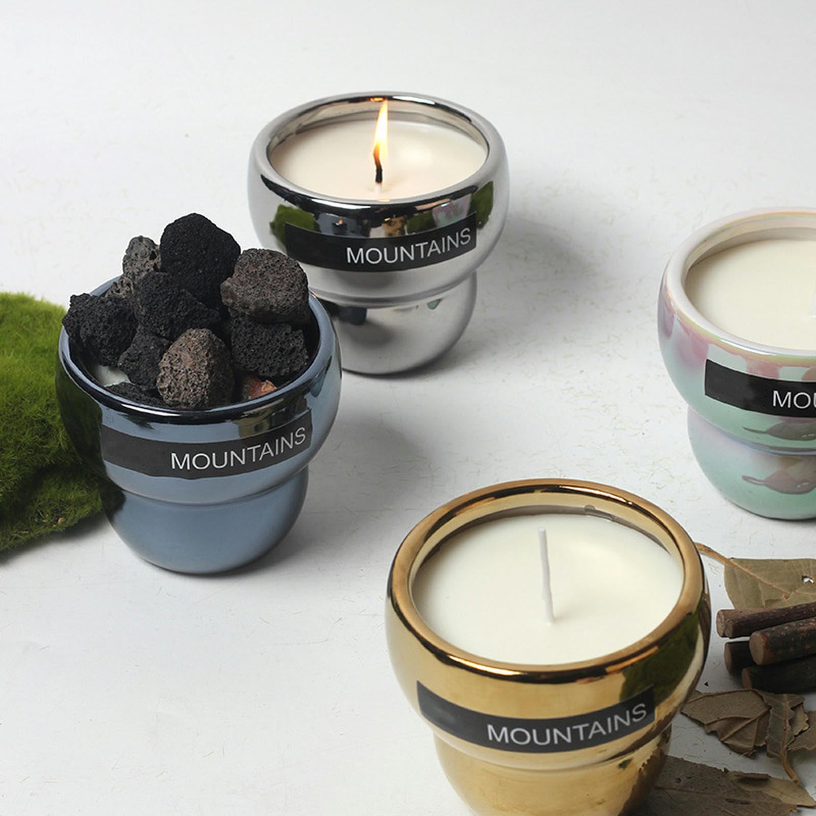 Lot de 2 bougeoirs d'aromathérapie nordiques simples et créatifs en céramique galvanisée - Double cercle - Blanc - Huile de citronnelle