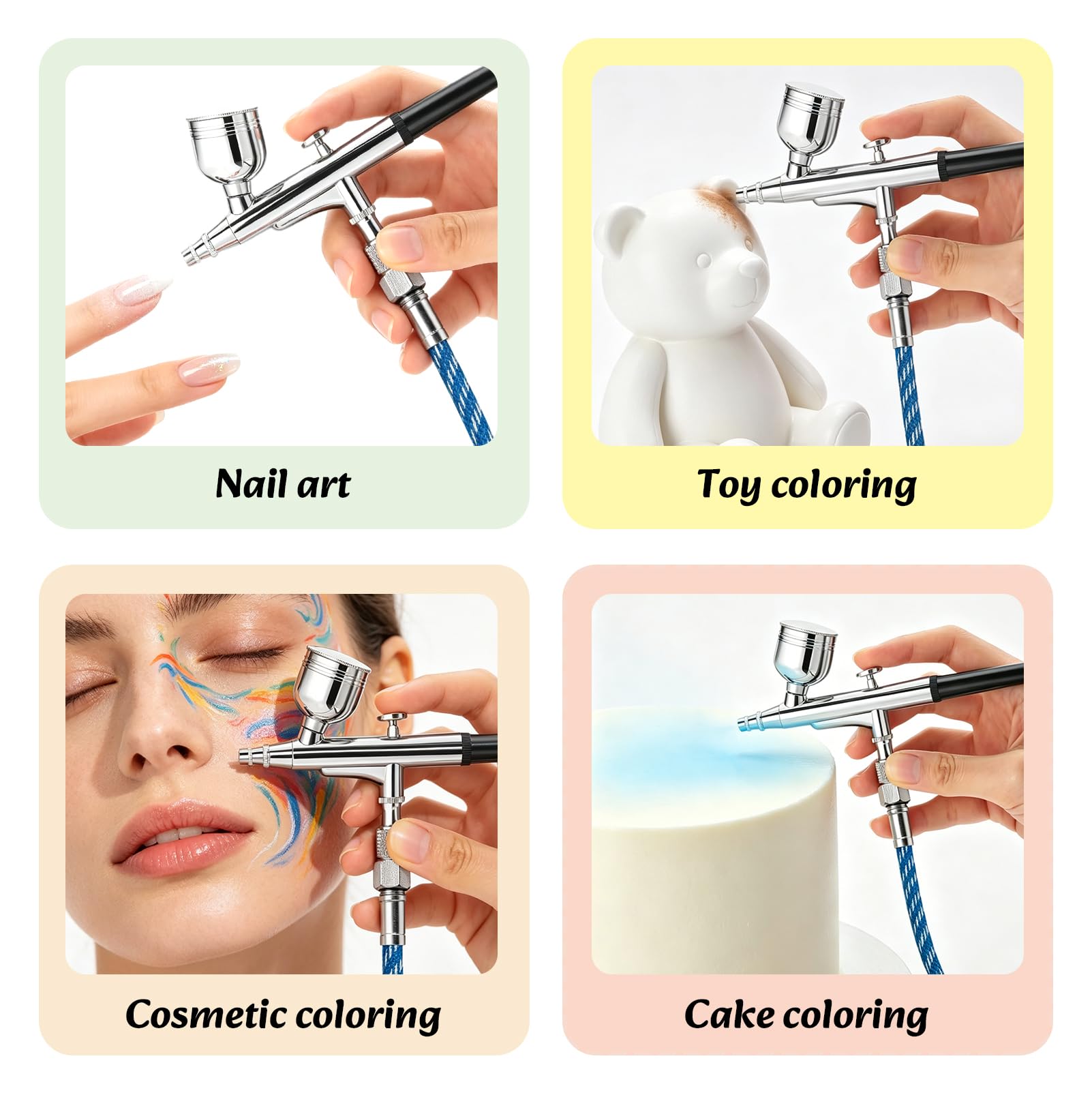 Kit Aerografo con Compressore Portatile, 3 Livelli di Pressione (28-48 PSI) & 3 Ugelli (0,2/0,3/0,5 mm) – Aerografo a Doppia Azione 12W per Modellismo, Trucco, Nail Art e Decorazione Torte