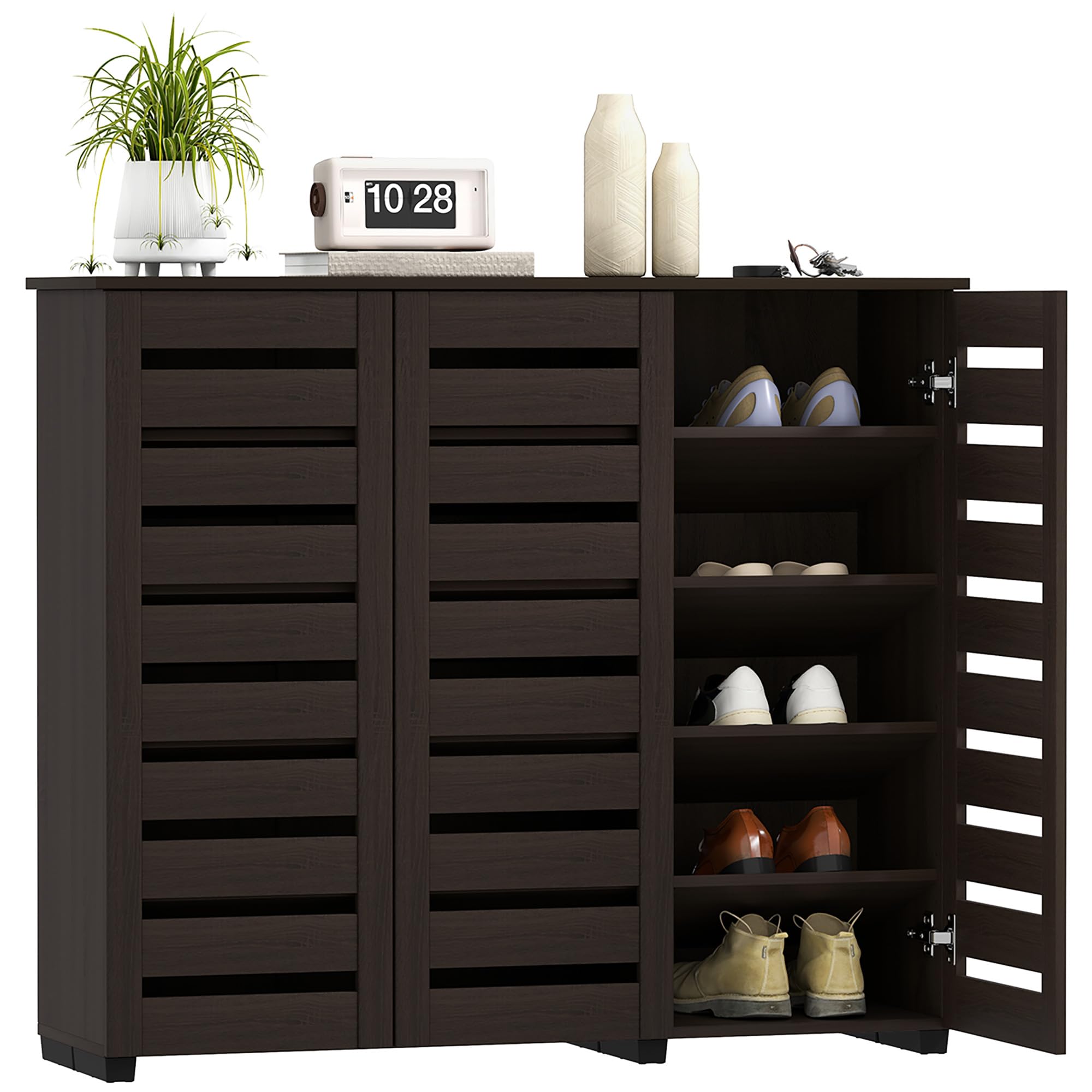 HOMCOM Narrow Shoe Cabinet with 3 Slatted Doors, Modern Shoe Storage Cabinet with Adjustable Shelves for 20 Pairs of Shoes, Slim Shoe Cabinet for Entryway, Hallway, Dark Brown