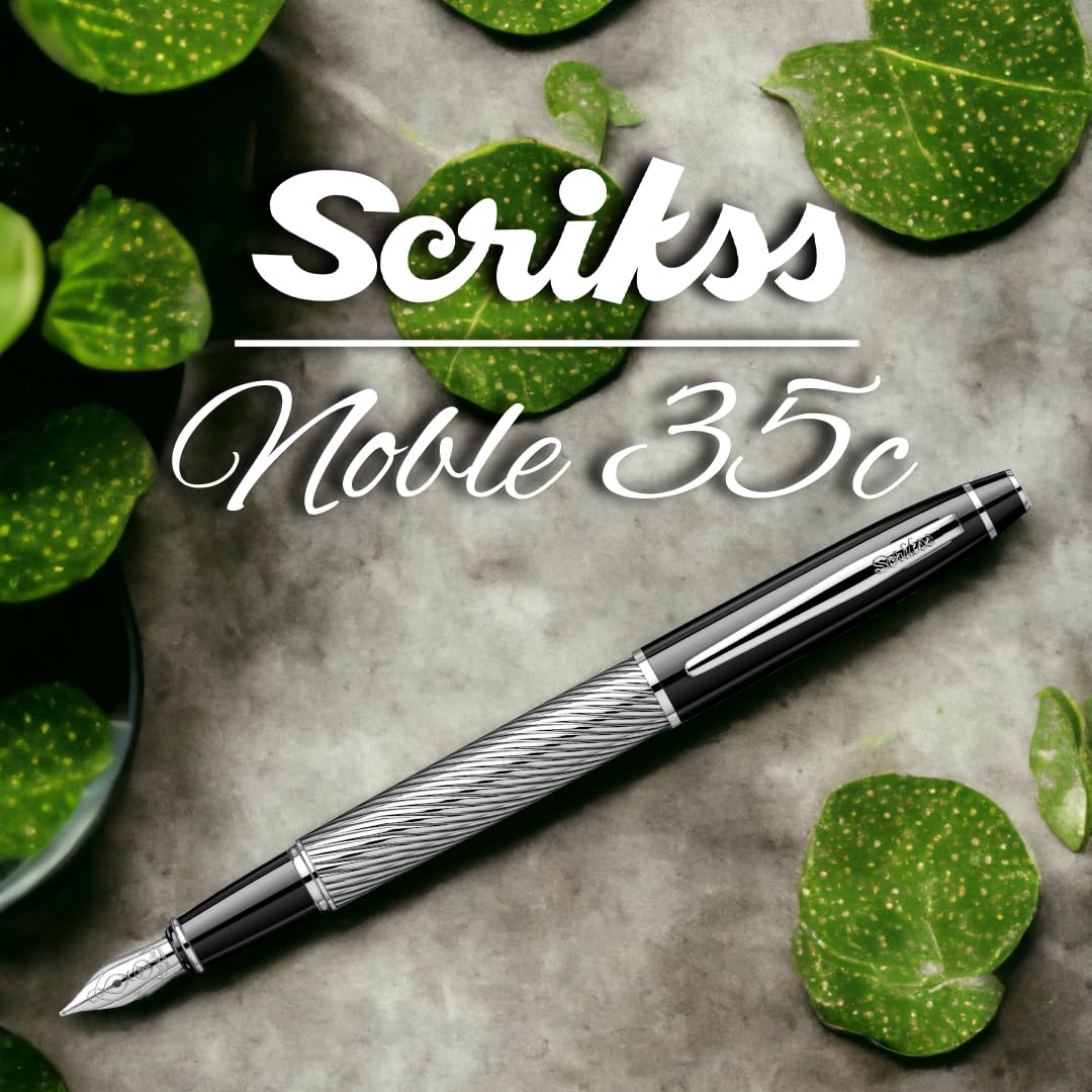 Scrikss Pluma estilográfica de punta media y convertidor de tinta negra, cuerpo de latón cromado, bordes cromados, serie 35C, moderno y elegante, ideal para regalar en la oficina y el hogar