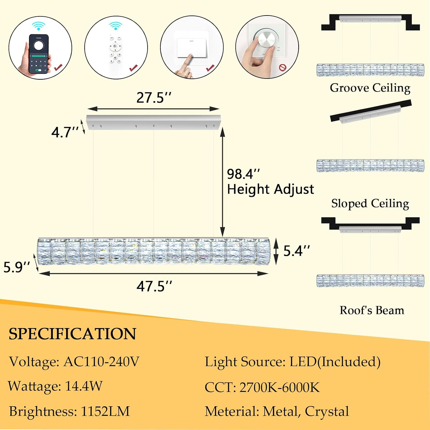 47 Inch Long Chandeliers for Dining Room LED Dimmable Pendant Lights for Kitchen Island Modern Crystal Chandelier Lighting Silver Light