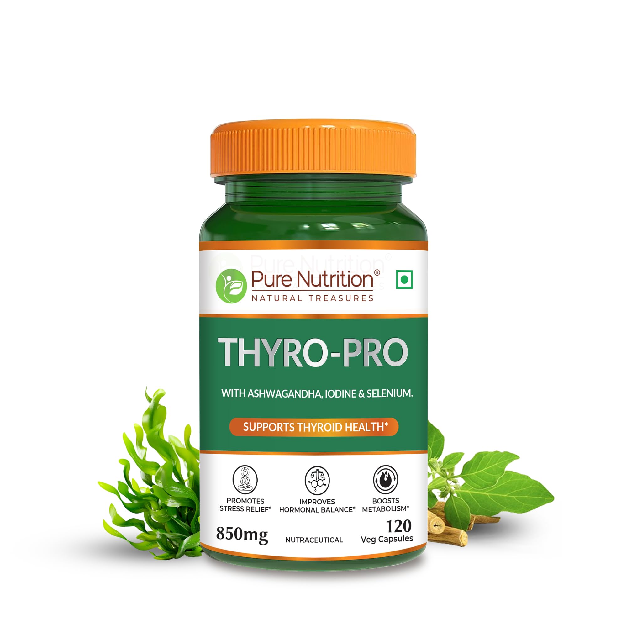 Pure Nutrition Thyro Pro - 120 Veg Capsules | With Ashwagandha, Iodine & Selenium | Supports Thyroid Function, Balances Hormones| Promotes Overall Wellness