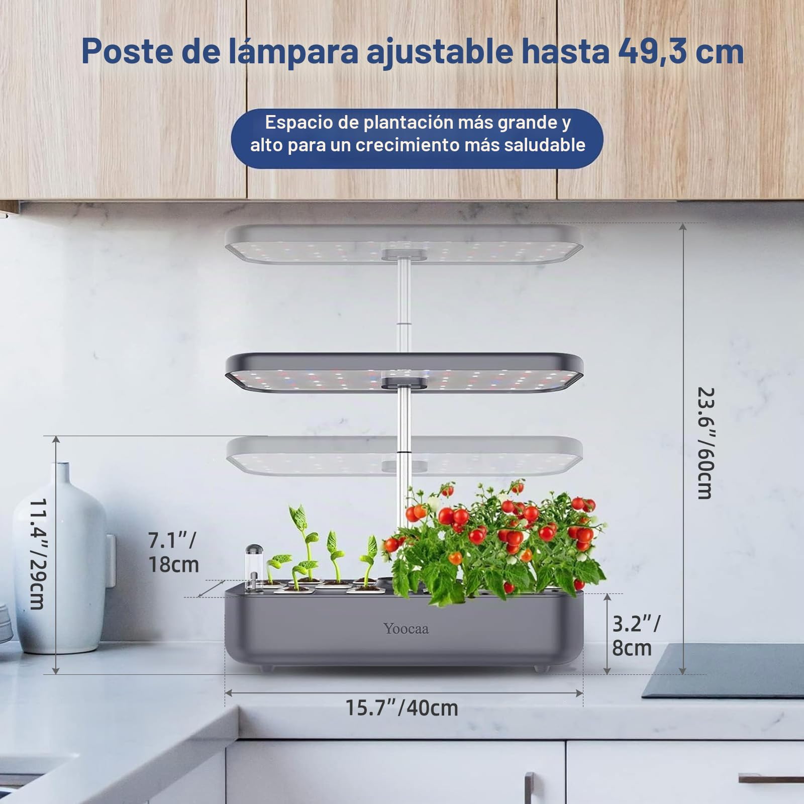Indoor Cultivo Hidroponico Interior - Sistema de Cultivo Hidropónico 12 Plantas con Altura Regulable, luz LED de Crecimiento automática (Gris)