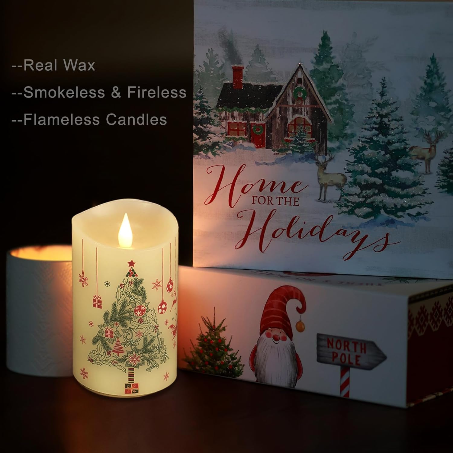 Christmas Flameless Candles with Remote Control, 3"x 5"Battery Operated Flickering 3D Wick Real Wax Pillar Christmas Gift Tree Candle - Image 3