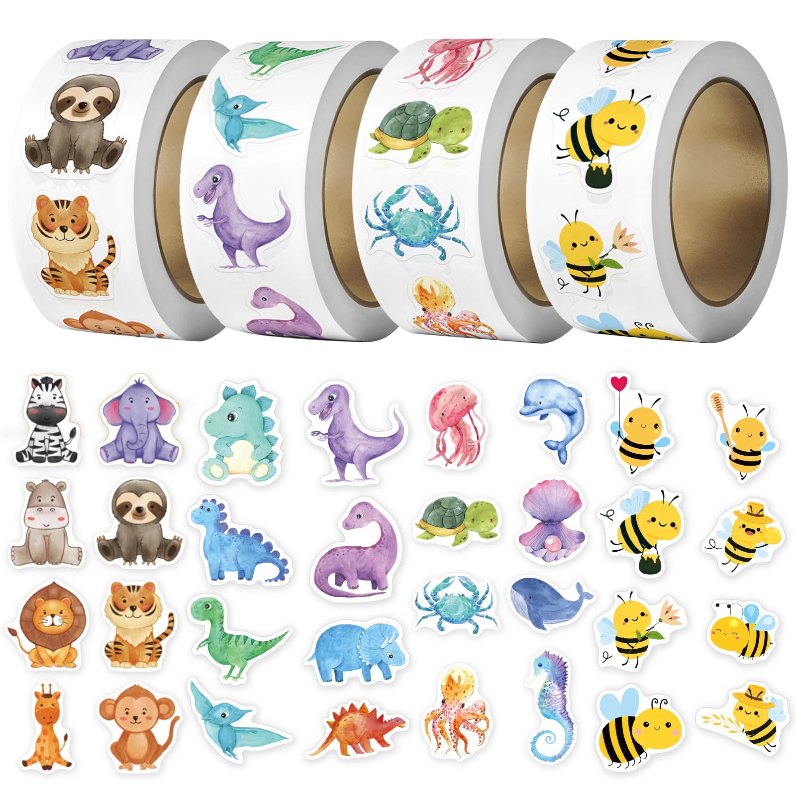 Mlpkoi Multicolor 2000 Pcs Cute Animal Stickers For Children, Reward Stickers For Kids, Sticker Roll Bee Shark Farm Dinosaur, Round Label Sticker For Birthday, Baby Shower, Teacher Reward Decoration (4 Rolls)