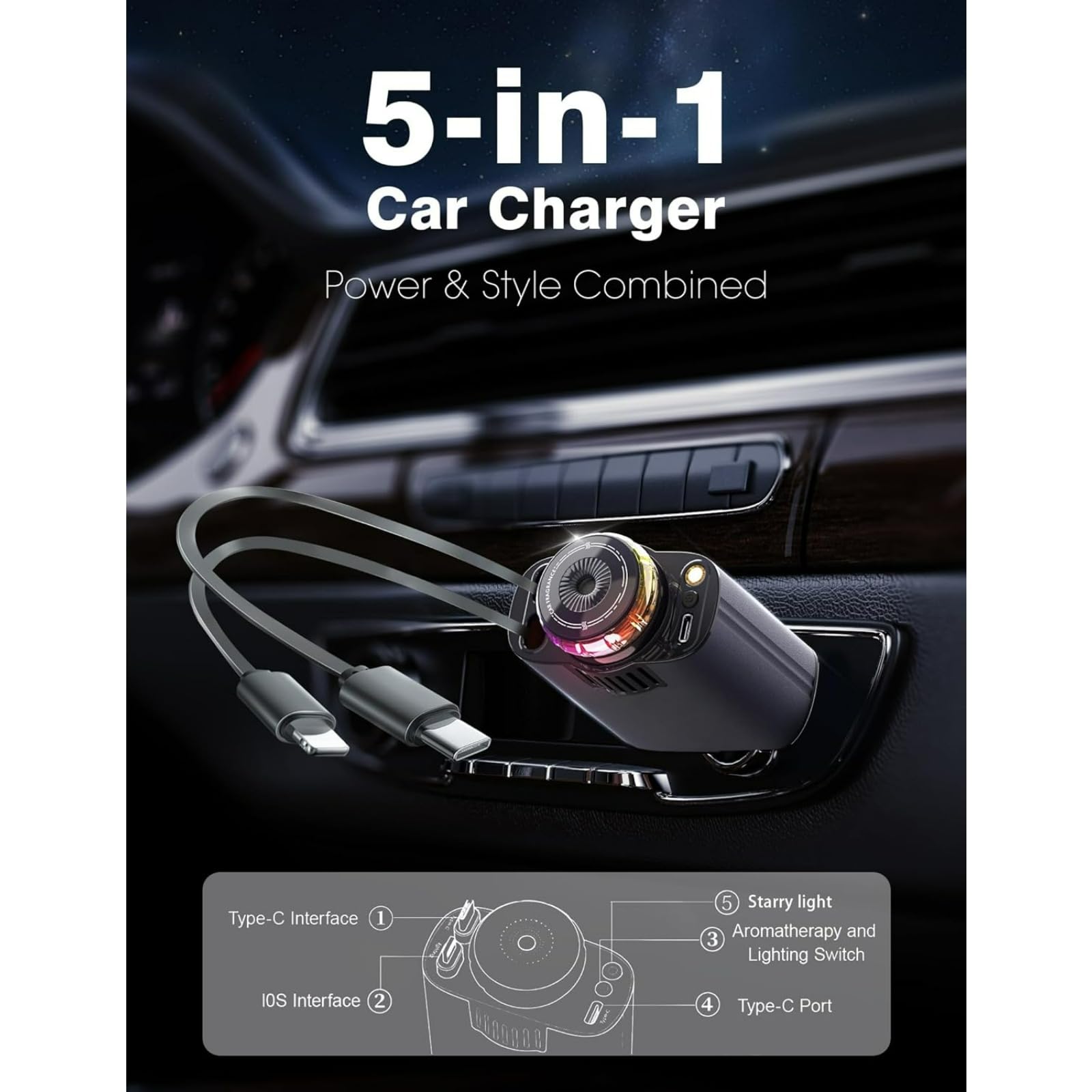 Starlight - Caricabatterie retrattile da auto USB-C da 120 W con aromaterapia, adattatore per accendisigari a ricarica rapida per iPhone 16/15/14/13/12/11, accessorio essenziale per auto, regalo per