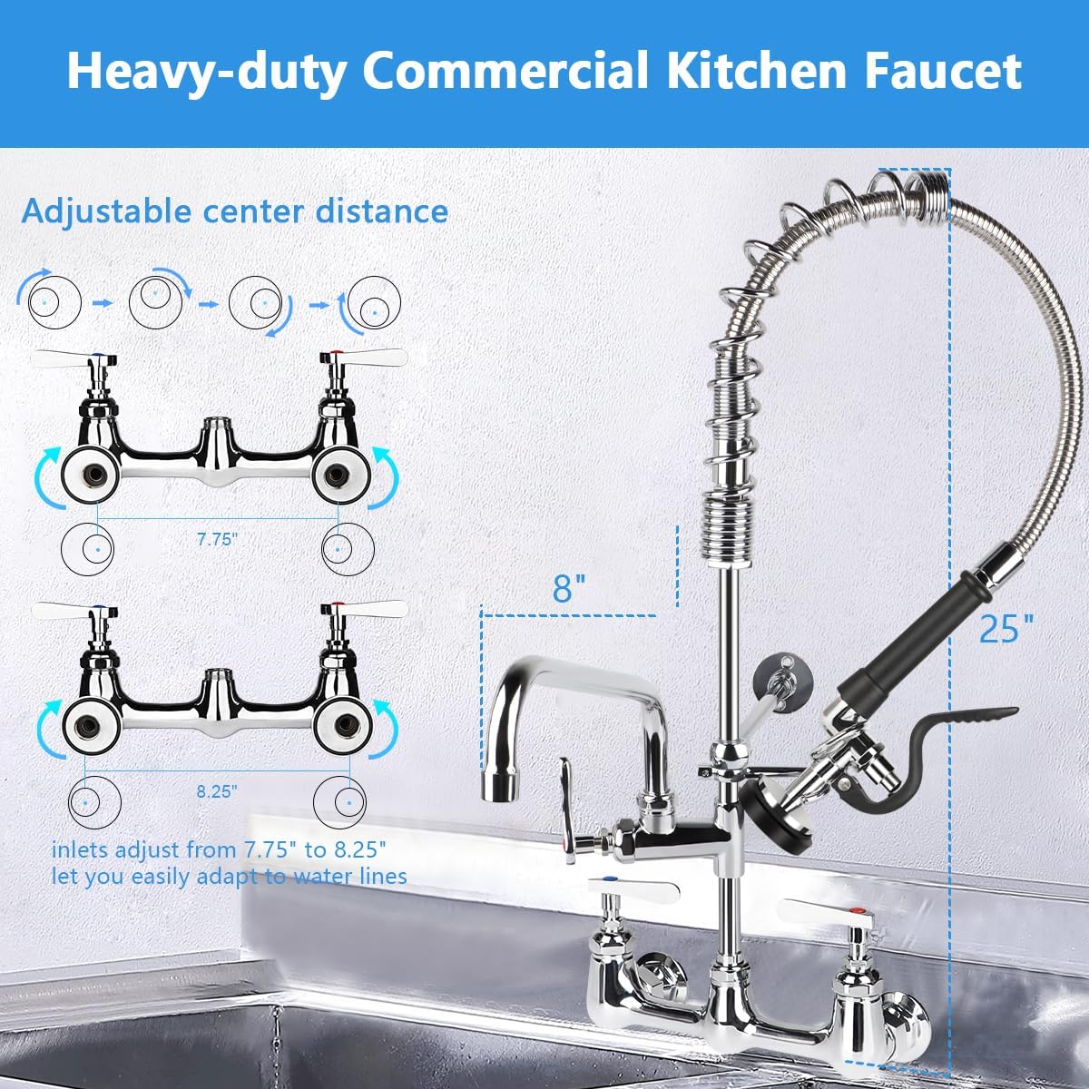 COOLWEST Commercial Pre-Rinse Faucet 8" Center Wall Mount Kitchen Faucet with 12” Add-on Swivel Spout 25” Height Commercial Sink Faucet and Pre Rinse Sprayer Brass Constructed