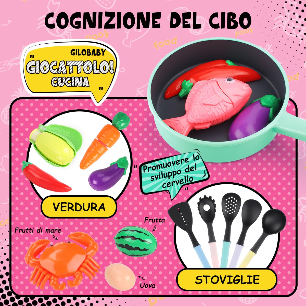 GILOBABY Cucina Giocattolo per Bambini, Accessori con Taglio Cibo Verdura, Pentole e Padelle, Giochi di Ruolo Regalo per Ragazze e Ragazzi dai 3 Anni - Rosa
