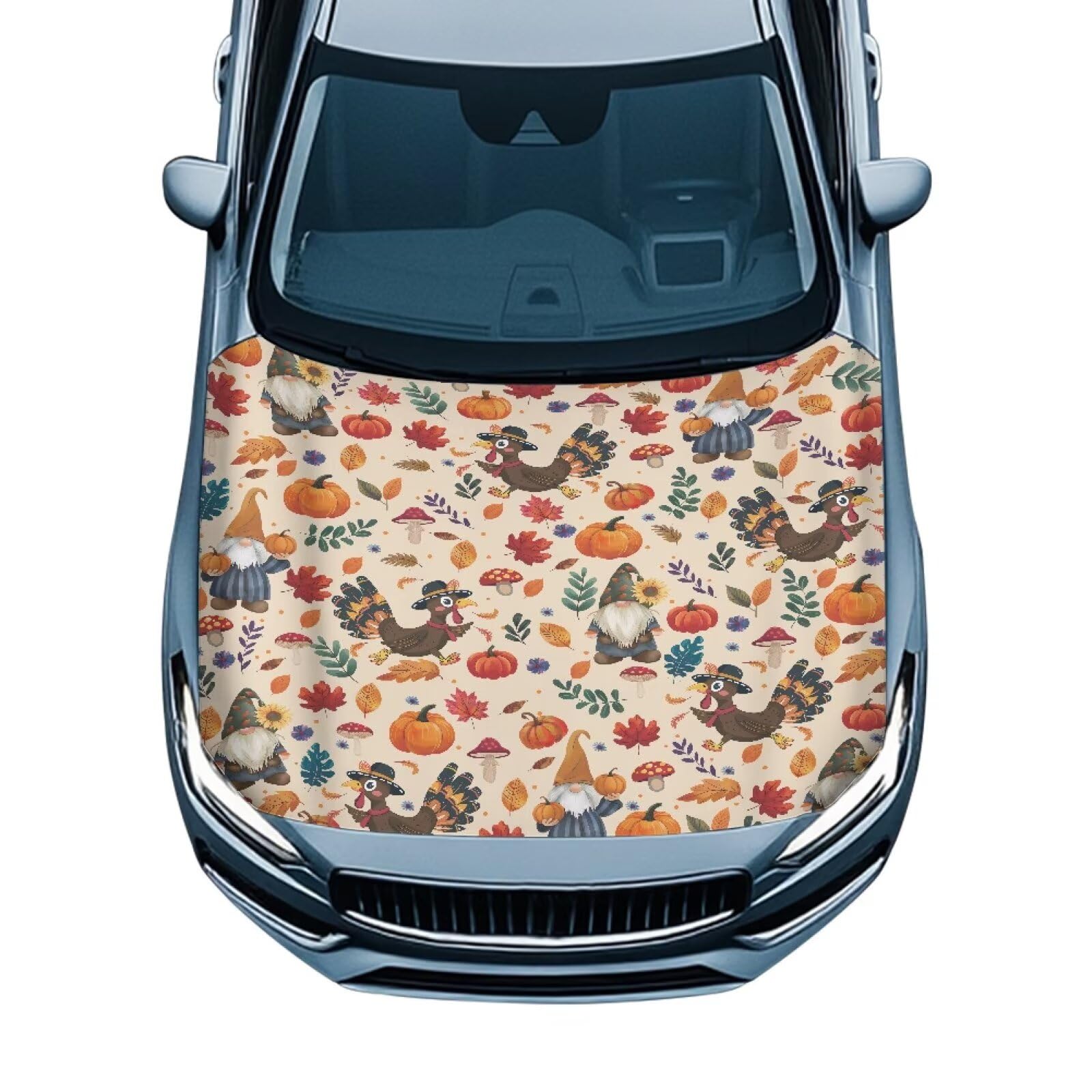 Thanksgiving Gnome Turkey Print Car Hood Cover Protector 59×39 Inch Stretchable Auto Hood Wraps Waterproof Halloween Automotive Exterior Accessories for Most SUV Sedans Trucks