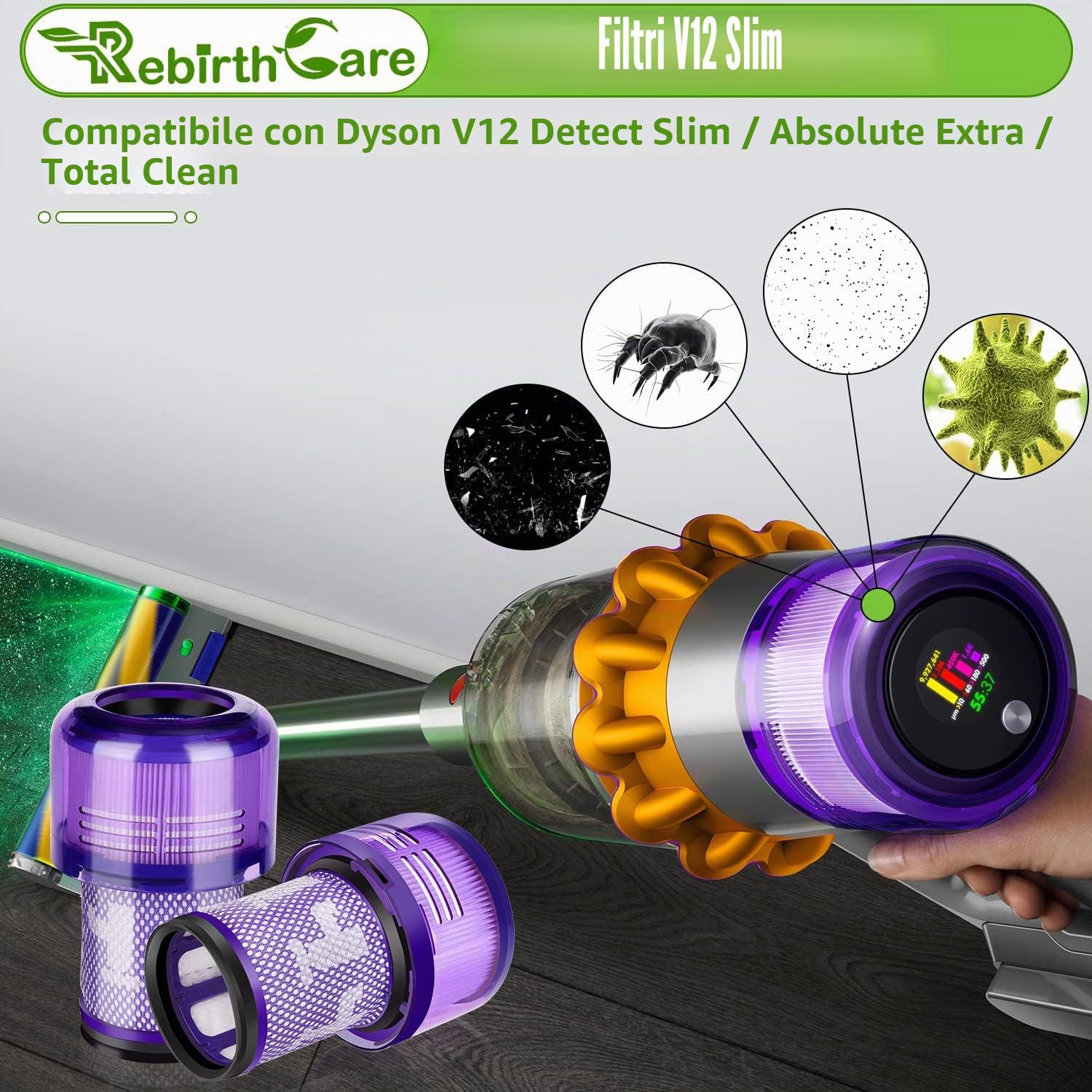 Rebirthcare 2 Pezzi V12 Filtro per Dy.son V12 Detect Slim Absolute Extra Pro Plus Motorhead Complete Total Clean Aspirapolvere, Parti di ricambio #DY-971517-01 (2*V12 Filtro)