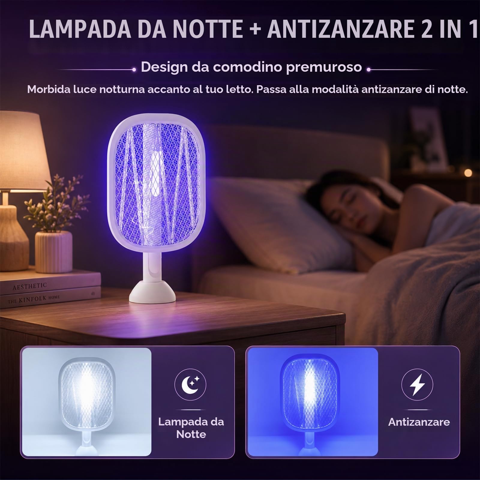 Racchetta Zanzare Elettrica (2 Pezzi), 5000V Ammazza Zanzare e Mosche 2 in 1 con Luce Notturna, Testa Pieghevole 180° e Lunghezza regolabile da 61 a 72 cm, 2000mAh, Lampada Antizanzare da Interno