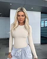 Vista 6 de OQQ Camiseta de manga larga de 3 piezas para mujer, cuello redondo, elástica, ajustada, con capas