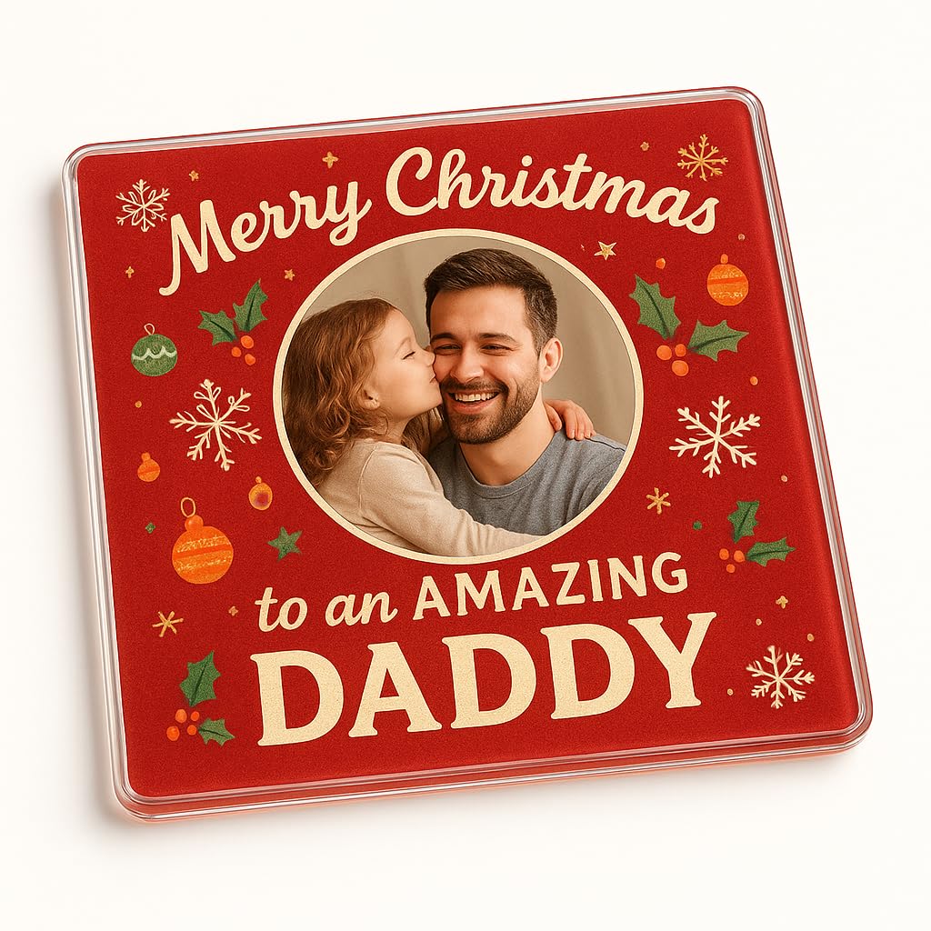 The Plum Penguin Festive Keepsake Joy Acrylic Coaster Gift With Festive Photo Frame - Personalised Christmas Keepsake For Daddy's Holiday Delight