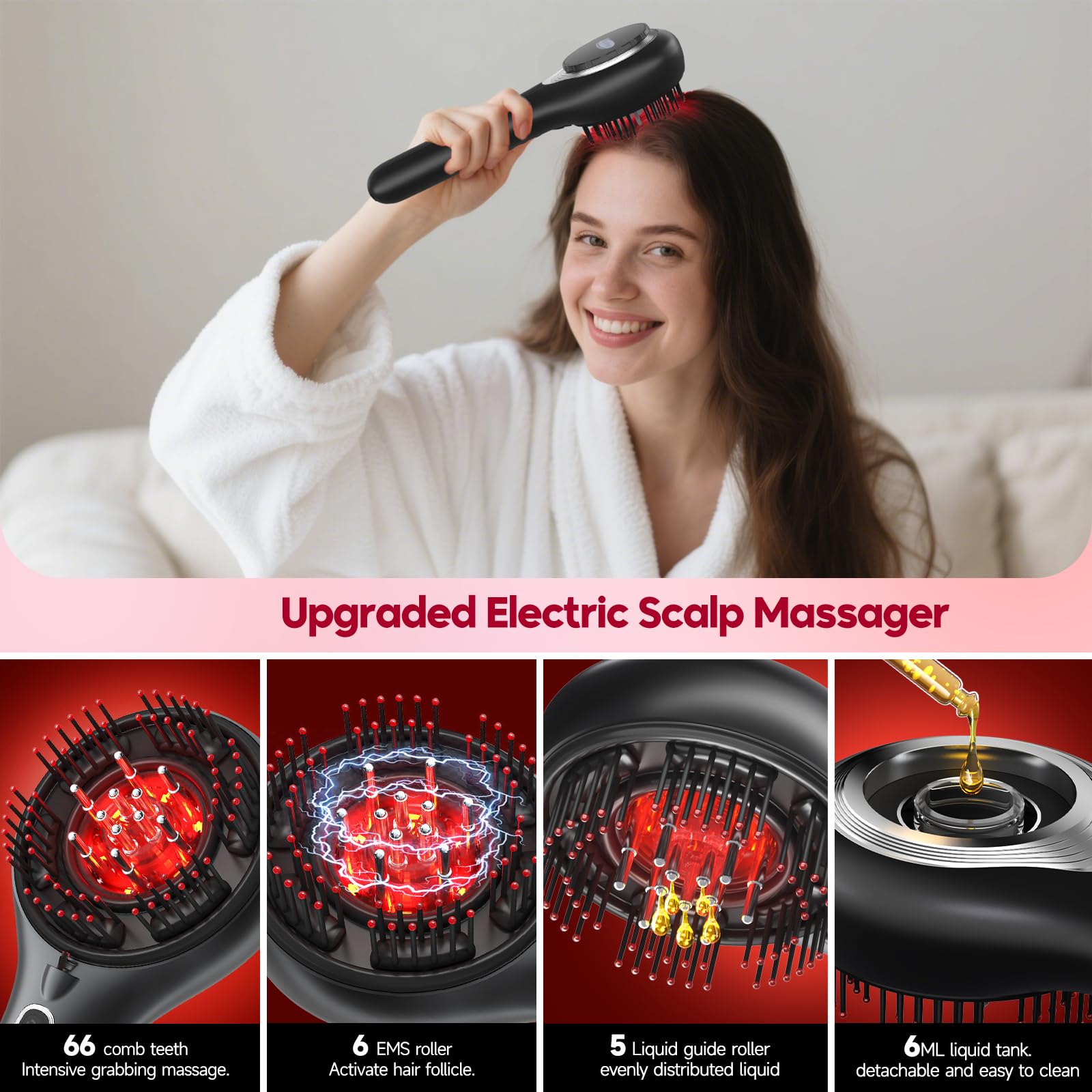Red Light Hair Brush Scalp Massager, Portable Scalp Massager for Men Women