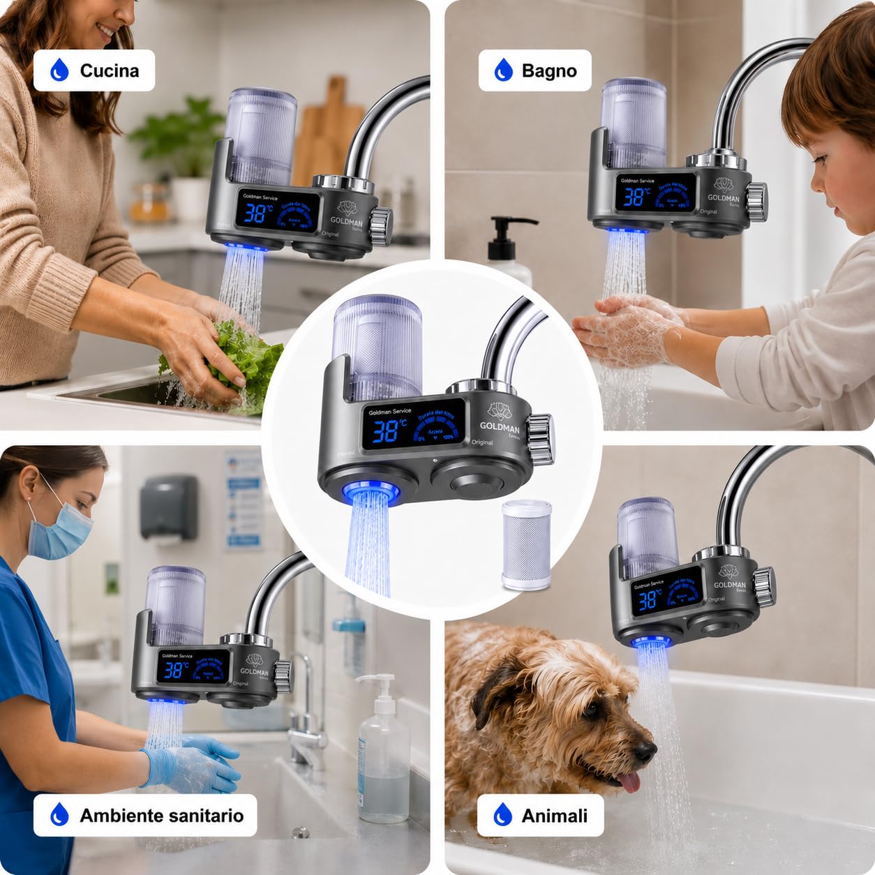 GOLDMAN SERVICE Filtro purificatore dell'acqua per rubinetto con display digitale, indicatore della temperatura in tempo reale, filtro di ricambio incluso e 6 adattatori universali