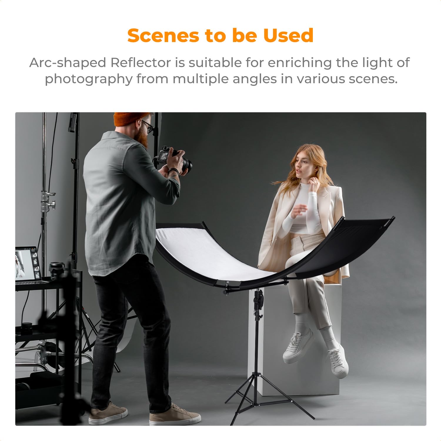 K&F CONCEPT U-Shape Reflector Curved Reflector 180x60cm with 4-in-1 Reflective Fabric, Black/Gold/White/Silver, with 1.9m Stand, with Storage Bag, for Photography Studios