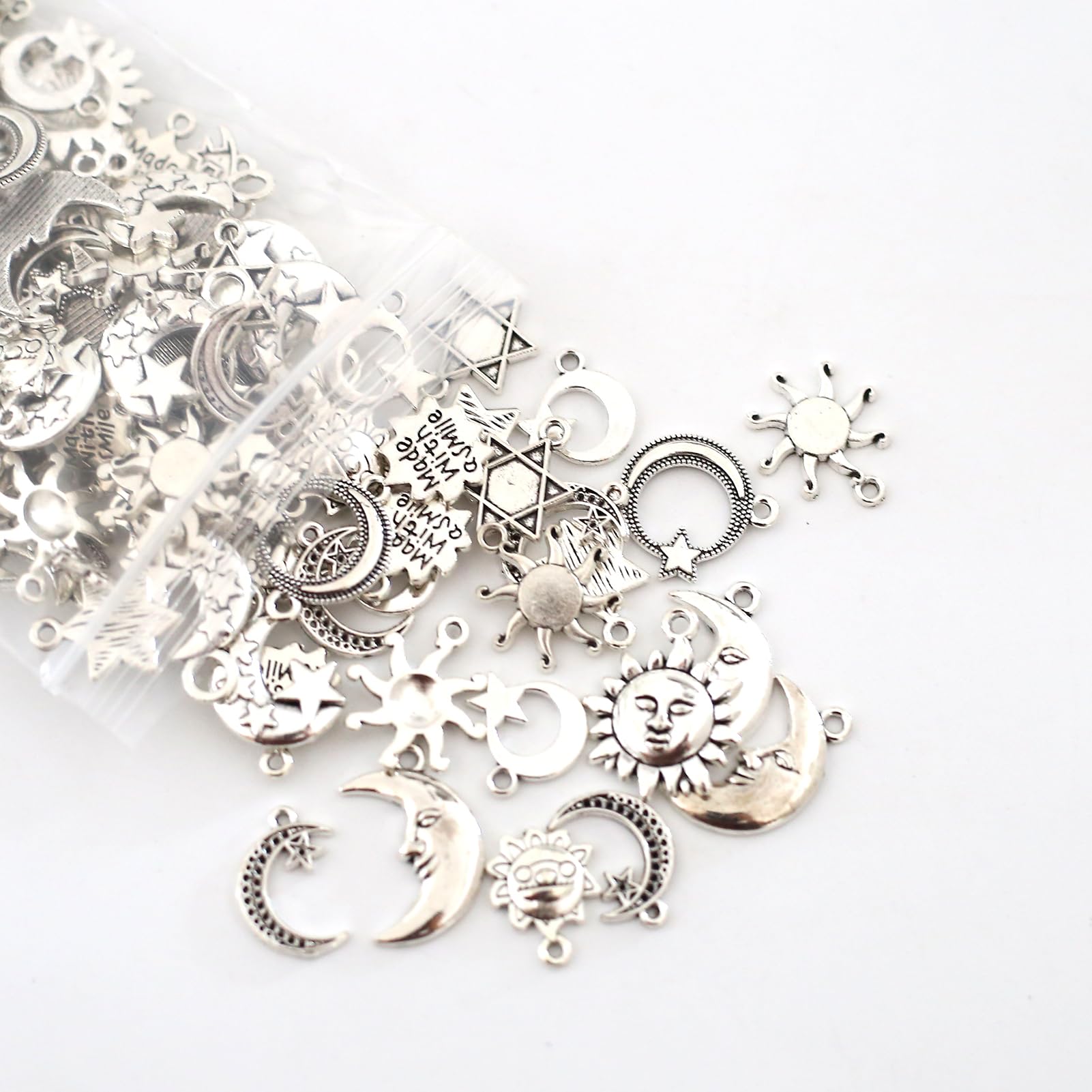 HERZWILD 120g Charms Pendants Mixed Antique Silver Sun Moon Stars Charms Pendants for Crafting Jewelry Making Accessory for DIY Necklace Bracelet(Sliver Charms) - Image 3