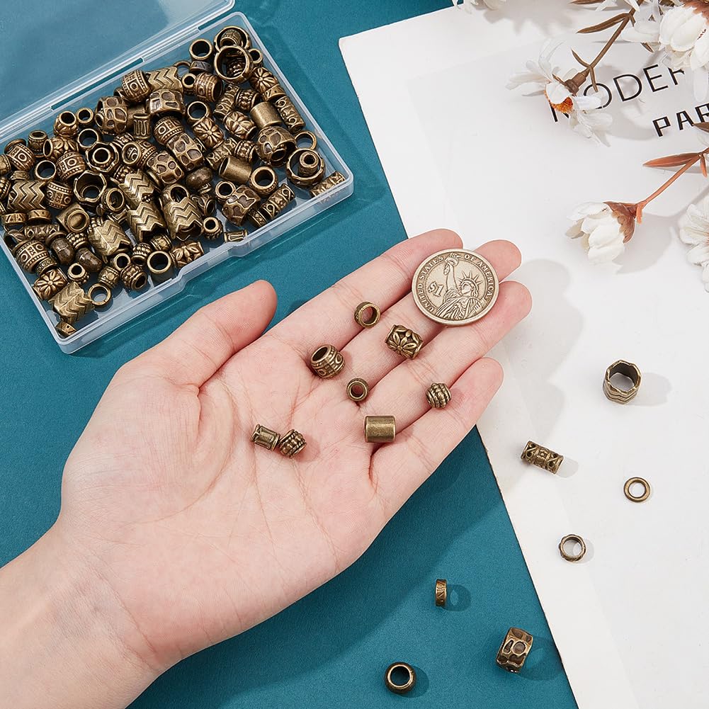 NBEADS 150 Pcs Alloy Spacer and Dreadlock Hair Beads - 15 Styles Antique Bronze 4-10mm Large Hole for Braids and Decoration - Image 3