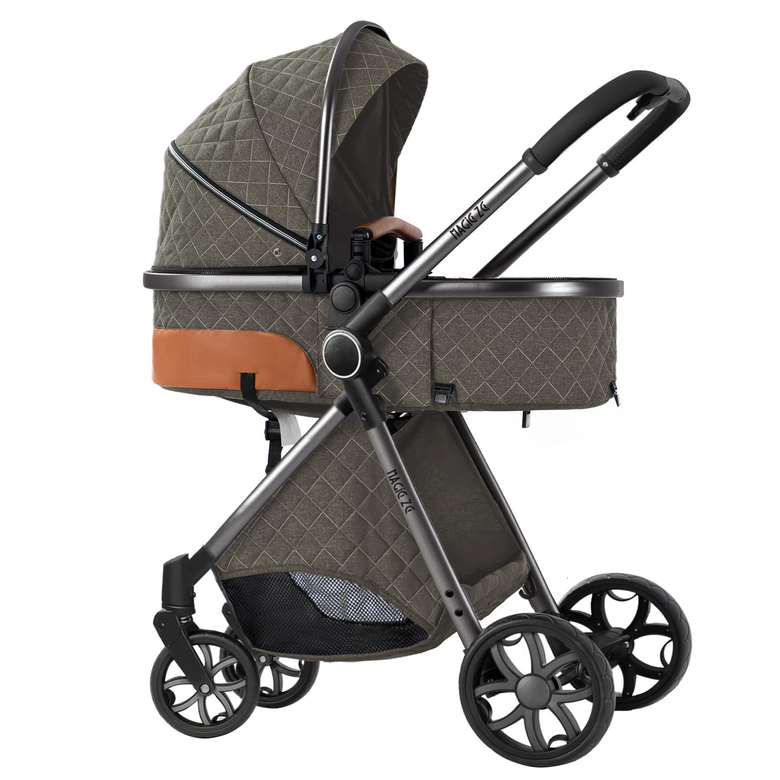 MoLi Kinderwagen 3 in 1, Kinderwagen mit Umkehrbarem Doppelschiebemodus, Buggy mit Großer Bequemer Babywanne, Kombikinderwagen 3 in 1 Rahmen Aluminiumlegierung Faltbar Hohe Landschaft (225 Deep Grey)
