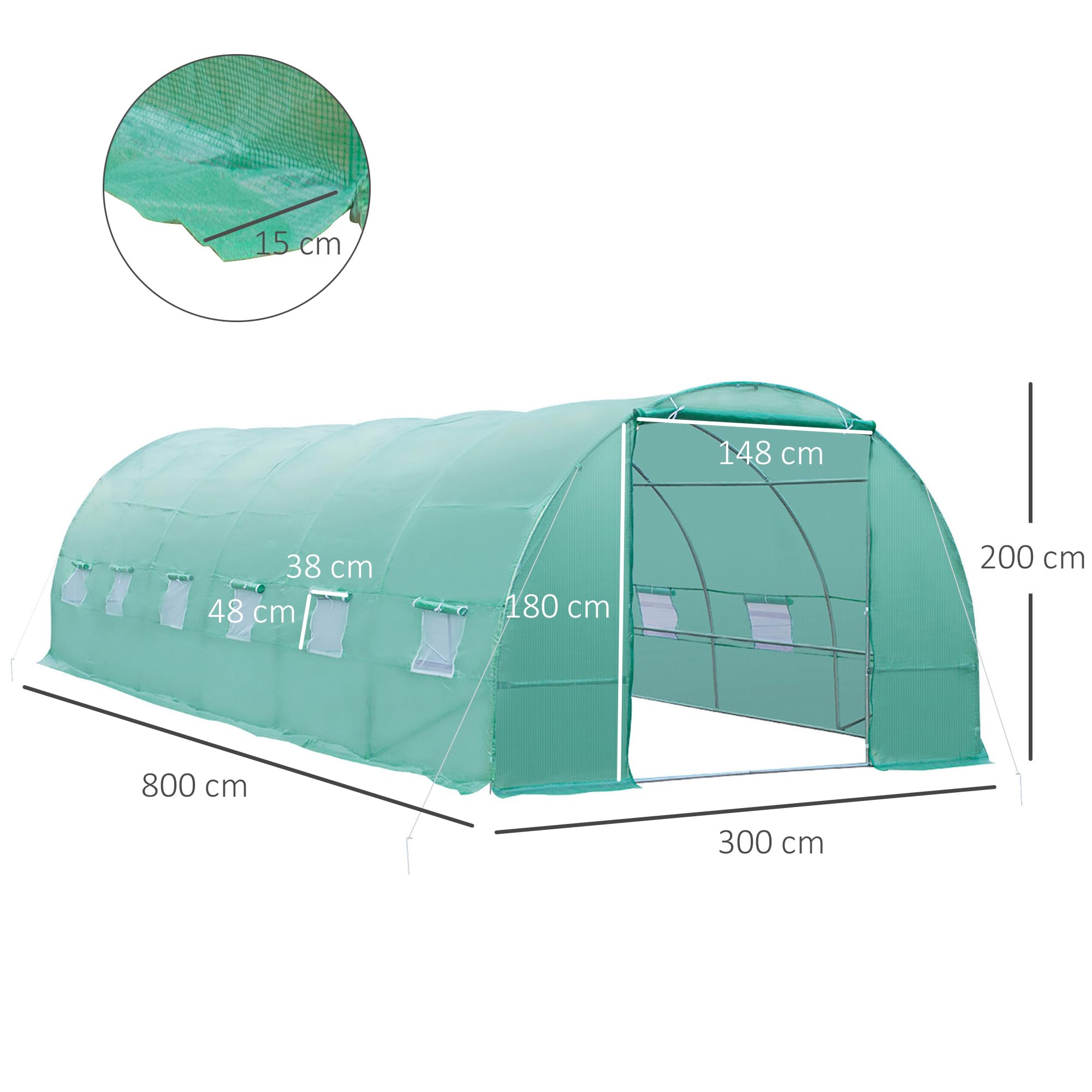 Outsunny Invernadero de Túnel 800x300x200 cm con 12 Ventanas y Puerta Enrollable Cubierta PE 140 g/m² y Acero para Cultivo de Plantas Verduras Verde
