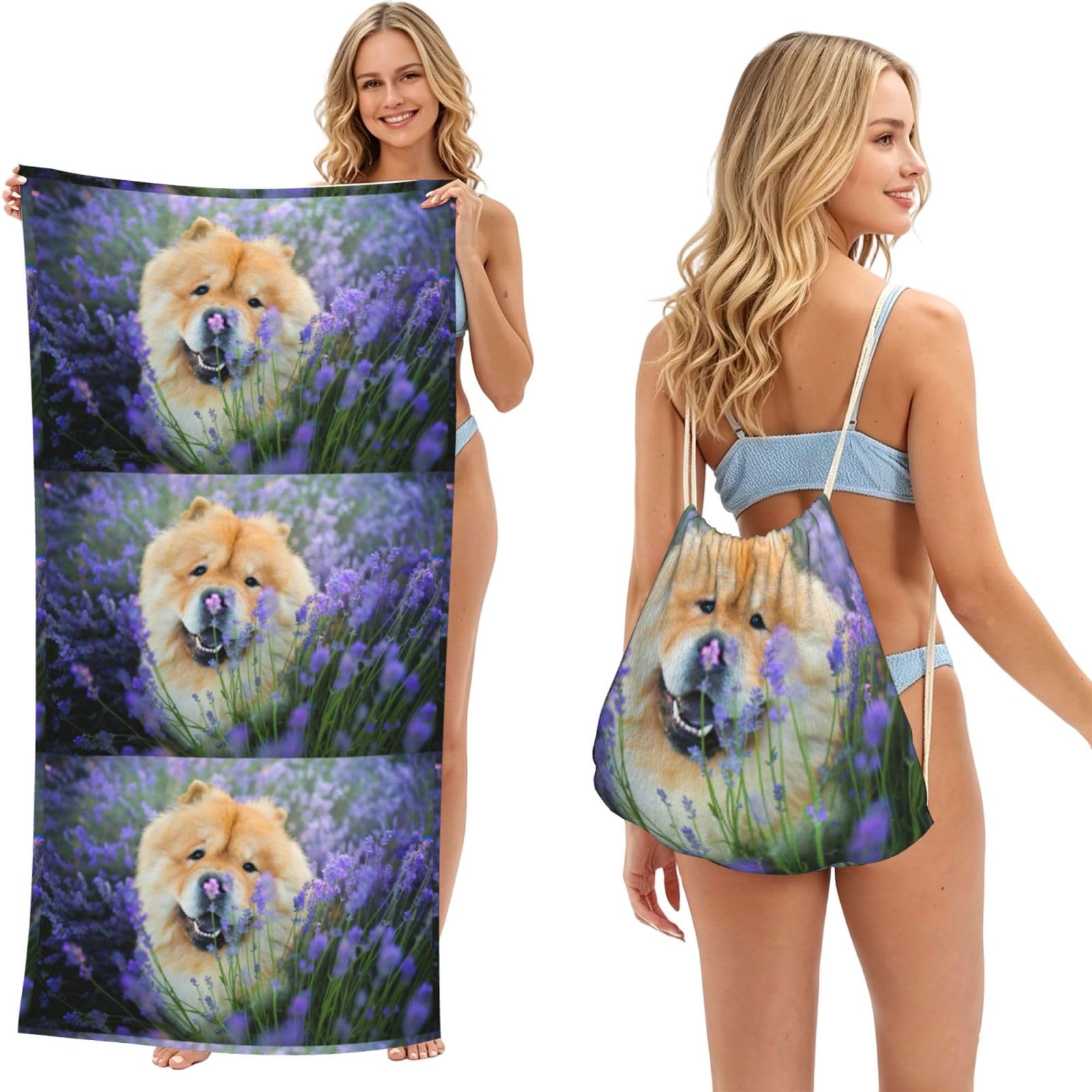 Poadnly As Picture Chow-Chow Sweet Fluffy Brown Dogs Purple Wild, 2 In 1 Packable Towel Bag, Beach Towels With Drawstring Backpack For Travel Holiday Camping