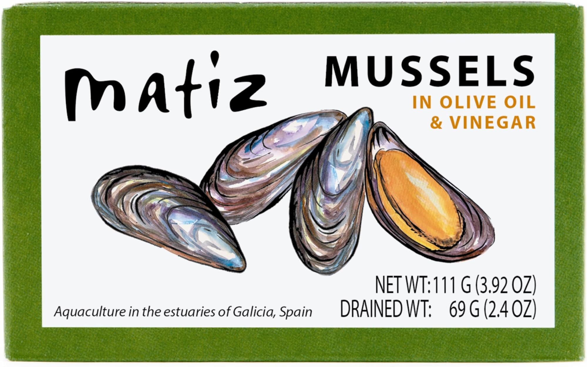 Matiz España Mussels in Extra Virgin Olive Oil & Apple Cider Vinegar | 3.92 oz. - 12 Pack | Handcrafted in Galicia, Spain | Sustainably Cultivated Mussels with Spices |