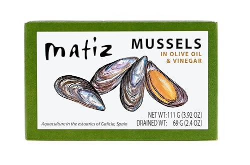 Matiz Mejillones orgánicos España en Aceite de Oliva Virgen Extra y Vinagre de Sidra de Manzana 4 oz - Paquete de 12 De la Costa de Galicia, España