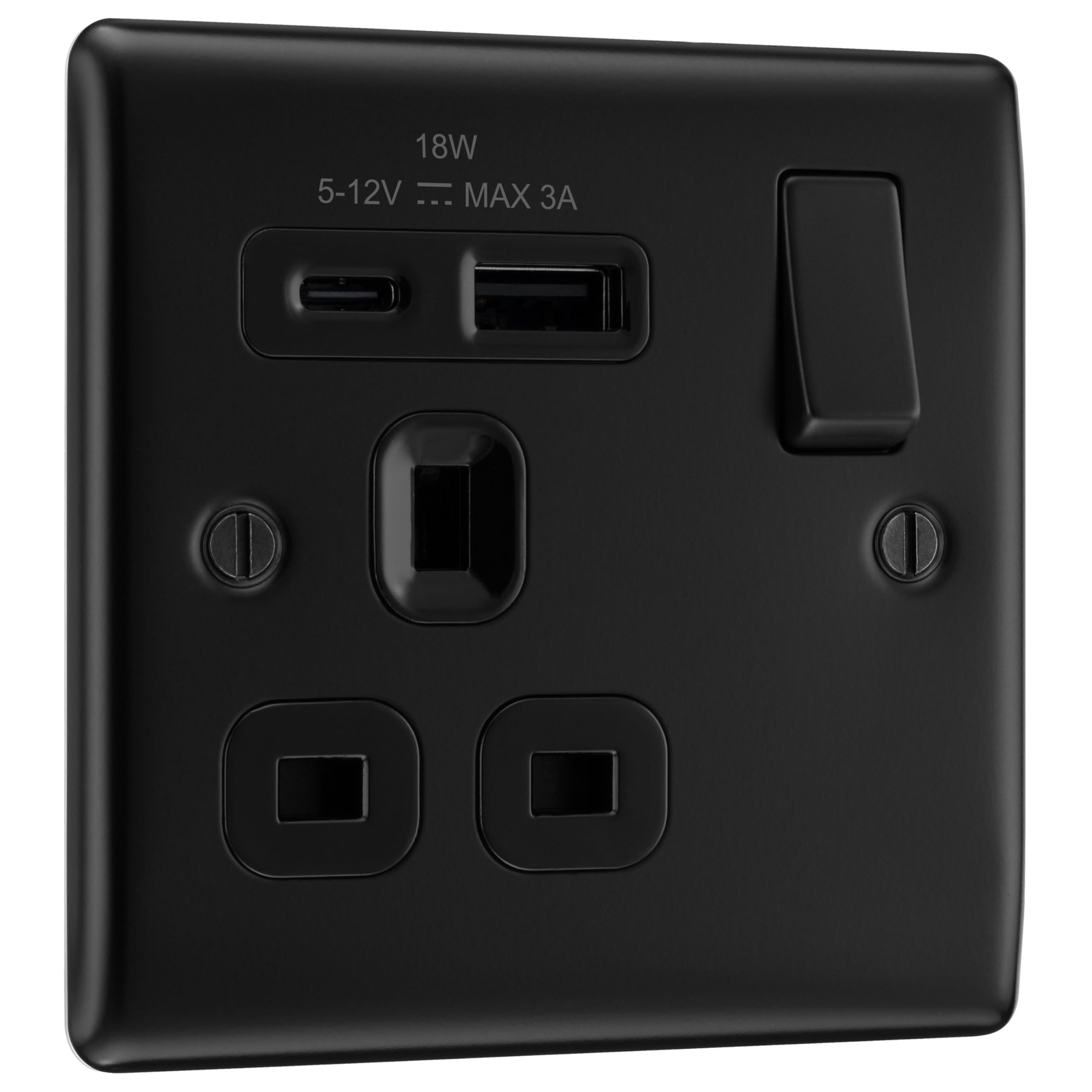 BG Electrical 18W Single Switched Power Plug Wall Socket with Type A USB and Type C USB Charging Ports, Fast Charge, Raised and Slim Profile, Round Edges, Nexus Metal, Matt Black, 13A, NFB21UAC18B