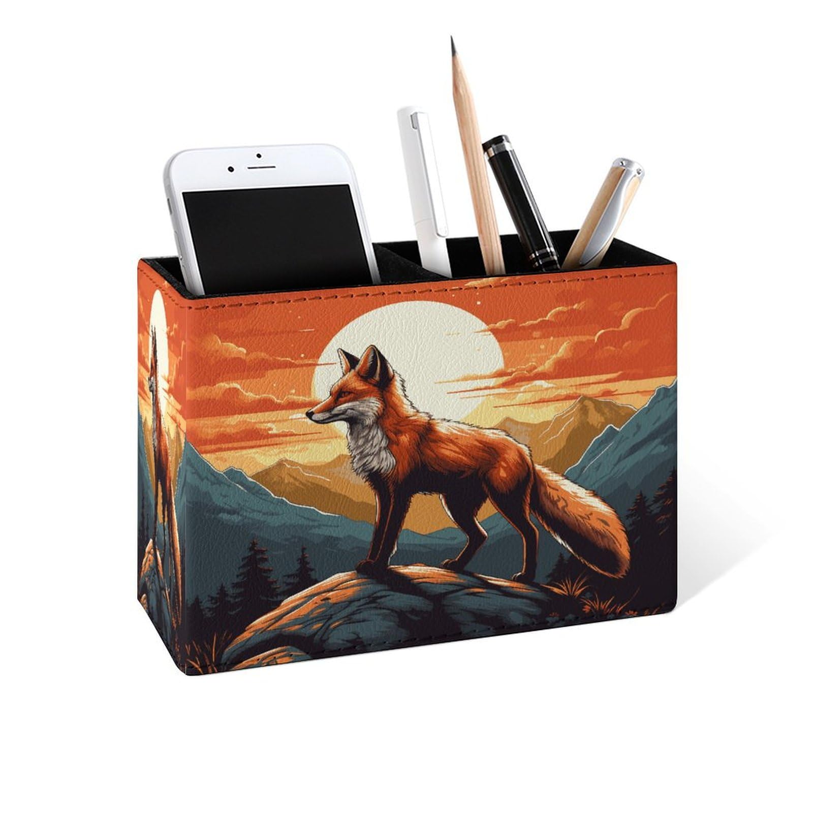 Famame Mountains Red Fox Sunset - Portalápices para escritorio, contenedor de escritorio de cuero, almacenamiento de bolígrafos, mesa de estudio, organizador de brochas de maquillaje, para aula,