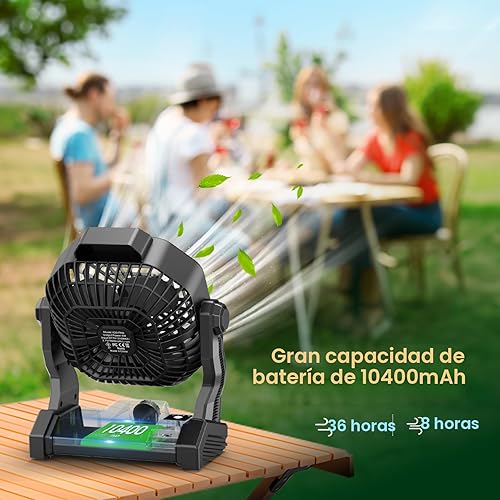 Miniatura 4 de Ventilador de camping portátil con linterna LED, ventilador de tienda de campaña recargable de 9 pulgadas, viento silencioso y fuerte, gancho para