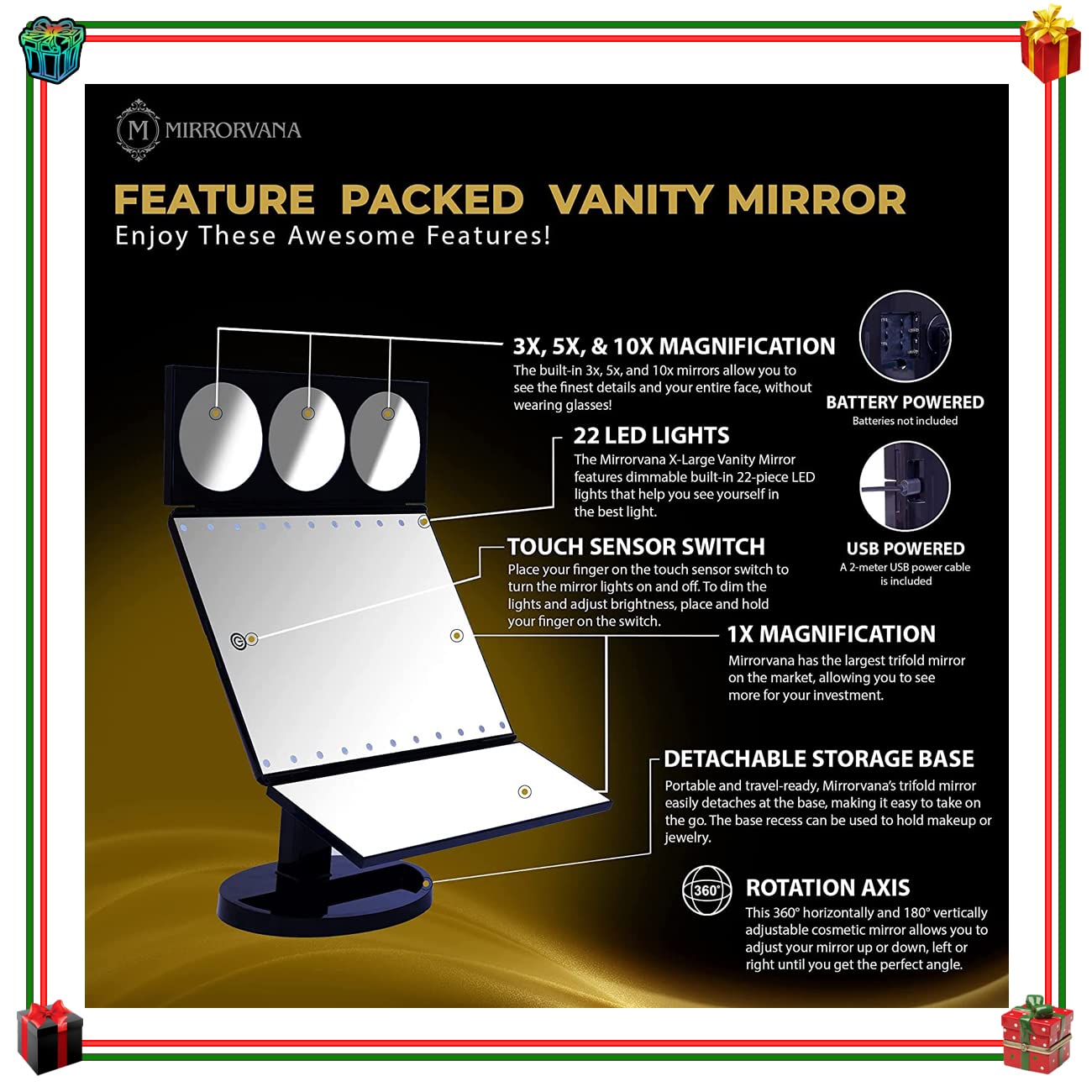 MIRRORVANA XLarge Light Up Makeup Mirror with 22 LEDs, 10X/5X/3X/1X