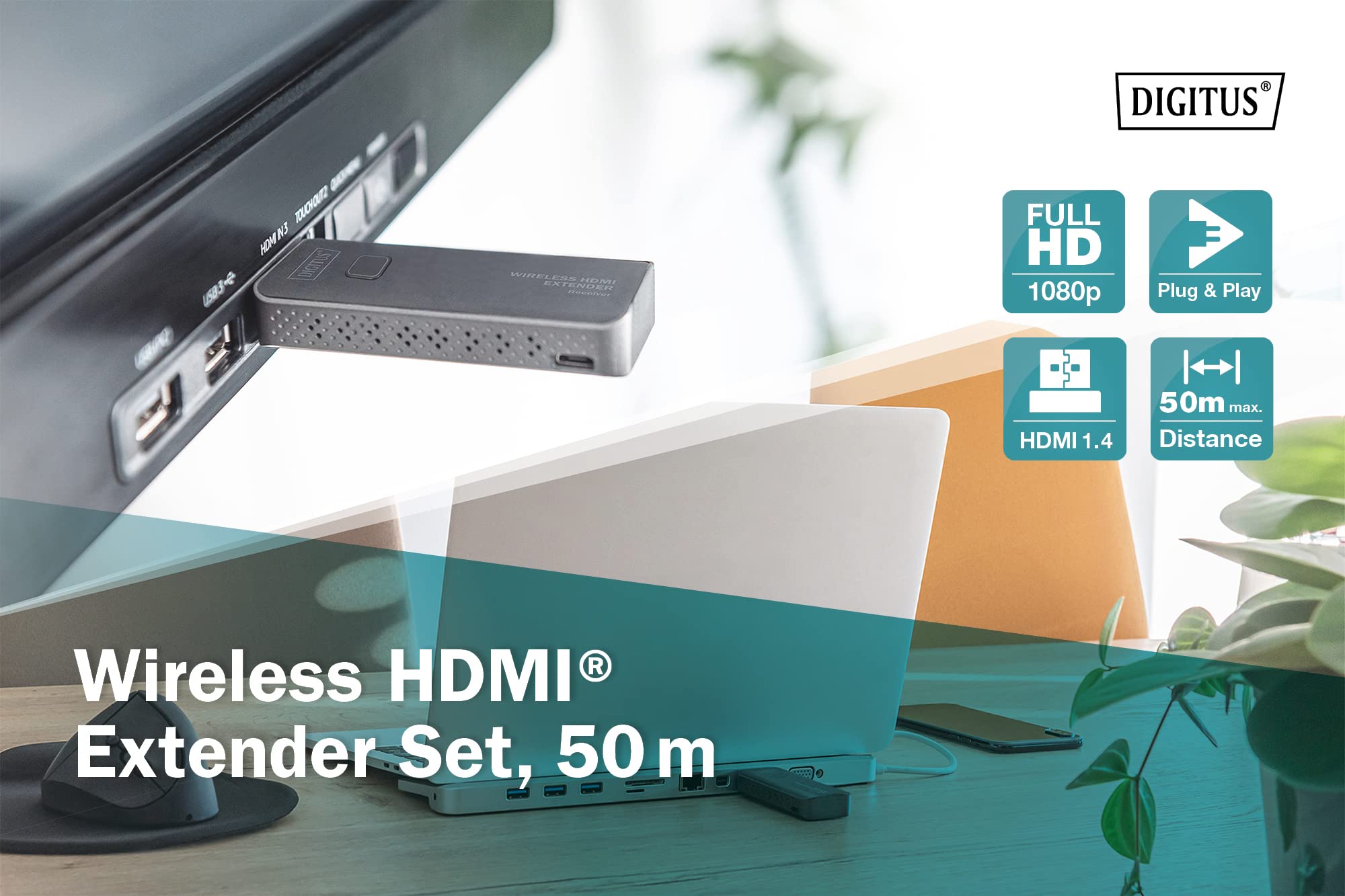 DIGITUS Extender HDMI wireless - portata 50 m - Full-HD 1080p 60 Hz - punto a punto - Plug&Play - nero-argento