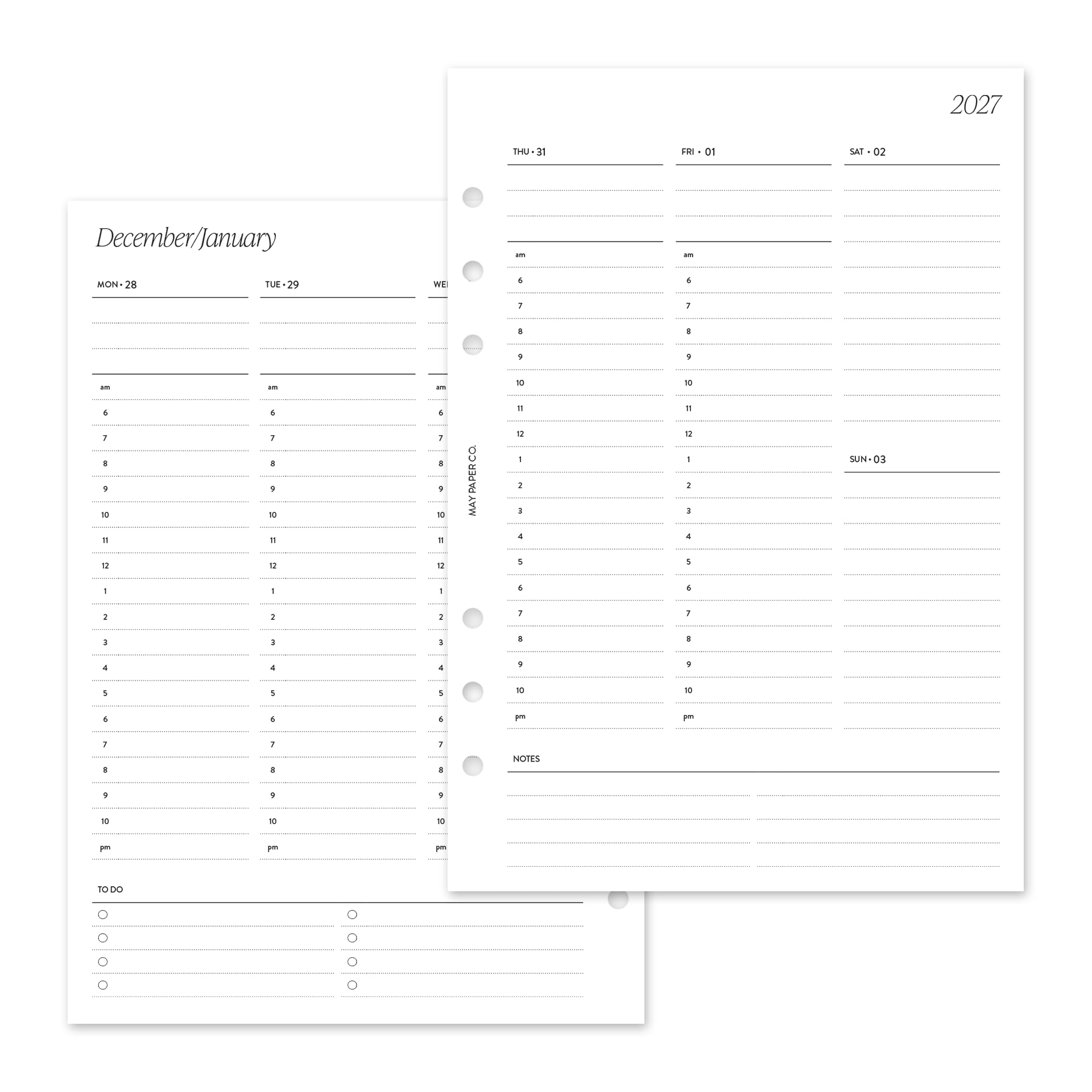 MAY PAPER CO. 2027 A5 Weekly Planner Refill, Week on Two Page Planner Insert for A5 Filofax and LV GM 6 ringed Agenda 5.8 x 8.3 (Vertical Hourly)
