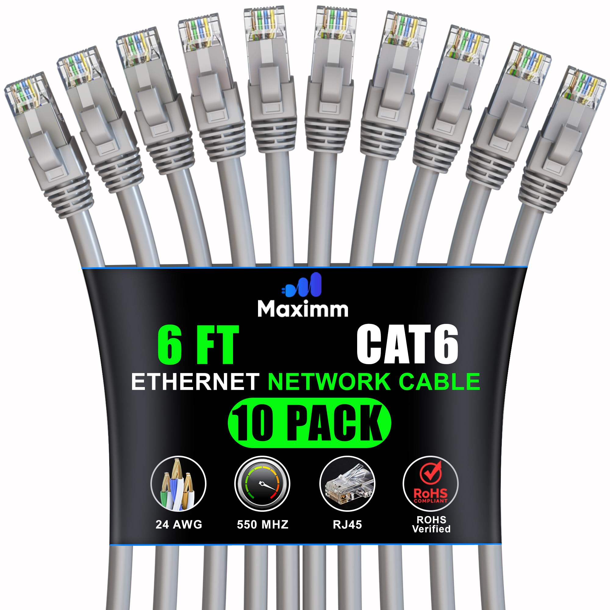 Maximm Cat 6 Ethernet Cable 6 ft (10-Pack) - High-Speed LAN Cable, Internet Cable, Patch Cable, and Network Cable - UTP, 10Gbps, 550MHz Ethernet Cord - Gray