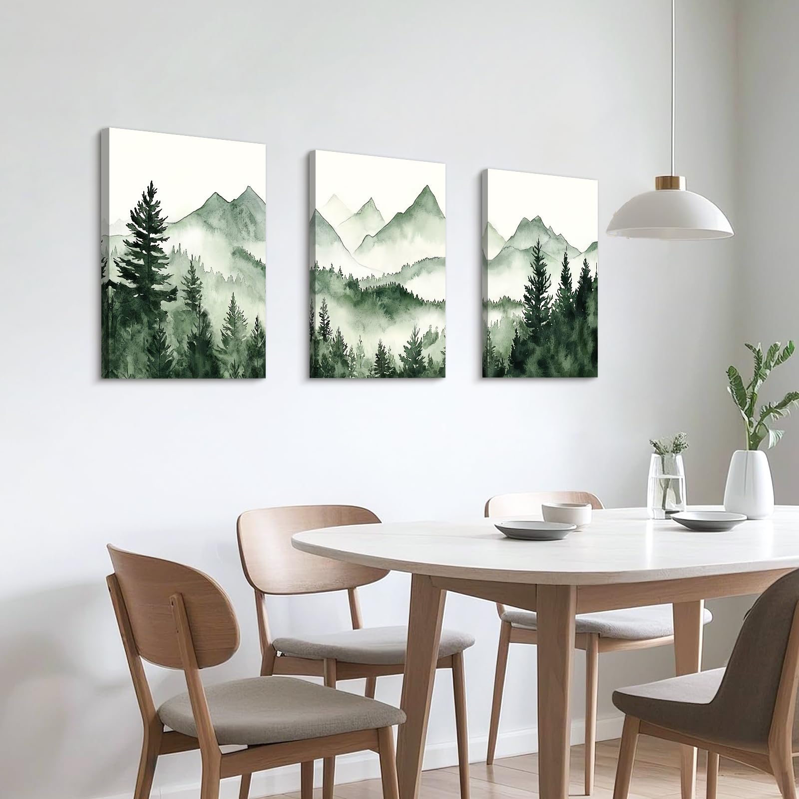 WENGTIAO 3 Stück Aquarell Berg Wald Leinwand Bilder Kunstdrucke Gerahmtes Bild Natur Landschaft Neblige Baum Berg Wandbilder auf Leinwand für Modern Wohnzimmer Schlafzimmer Wanddeko 40x60cmx3